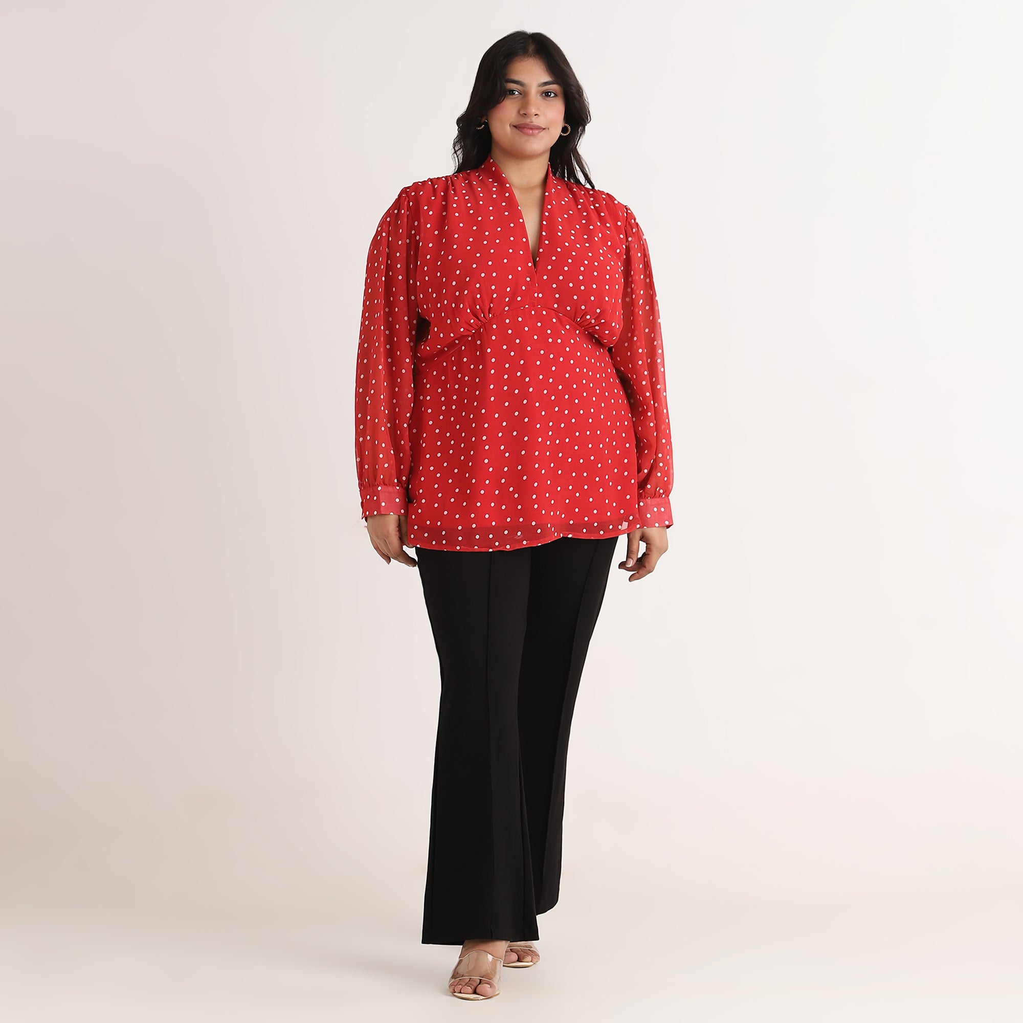 Polka Dot Printed V-Neck Top