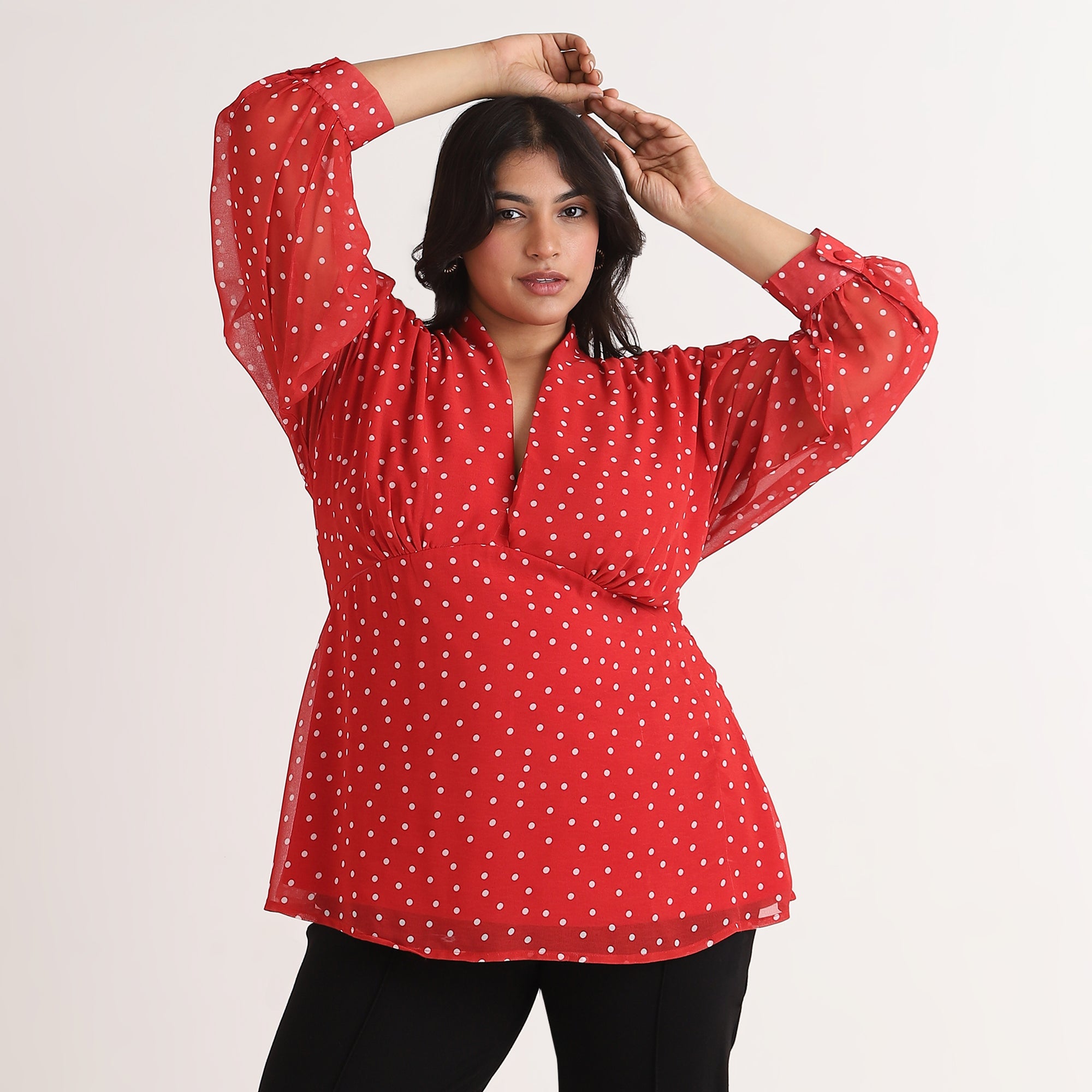 Polka Dot Printed V-Neck Top