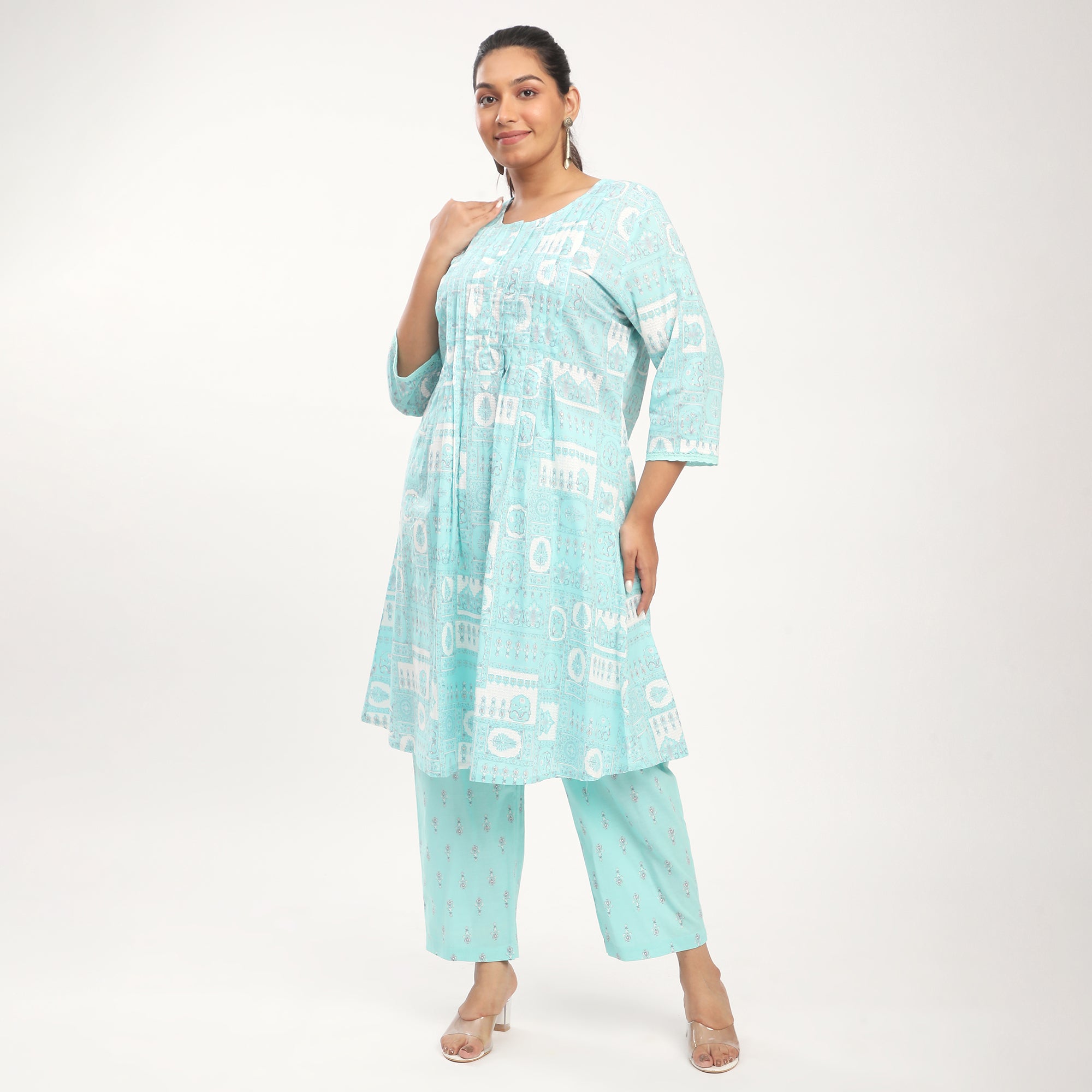 Plus Size Sea Blue Cotton Mix Match Print Pintuck Detail Kurta Set by Calae