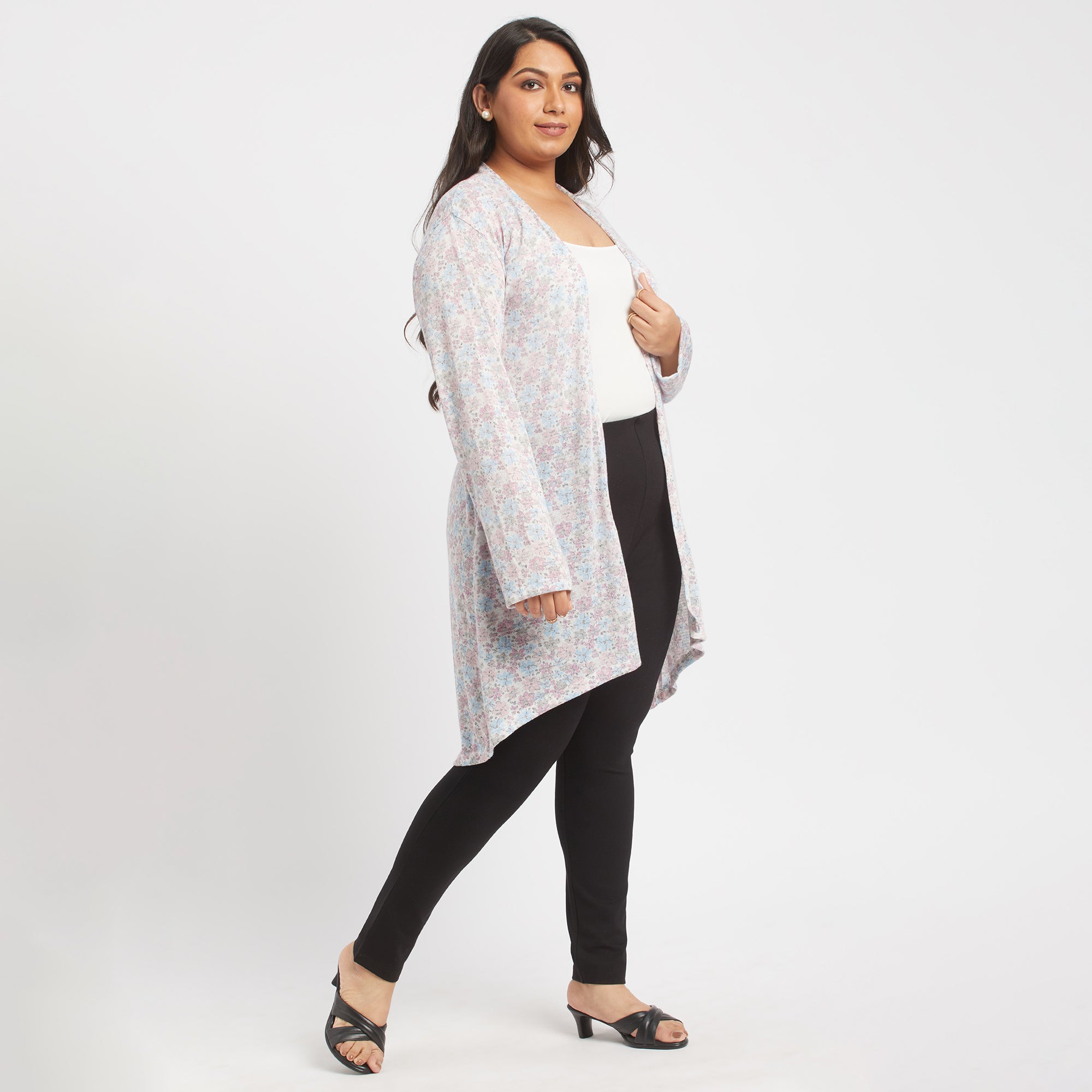White printed plus size knit shrug side view