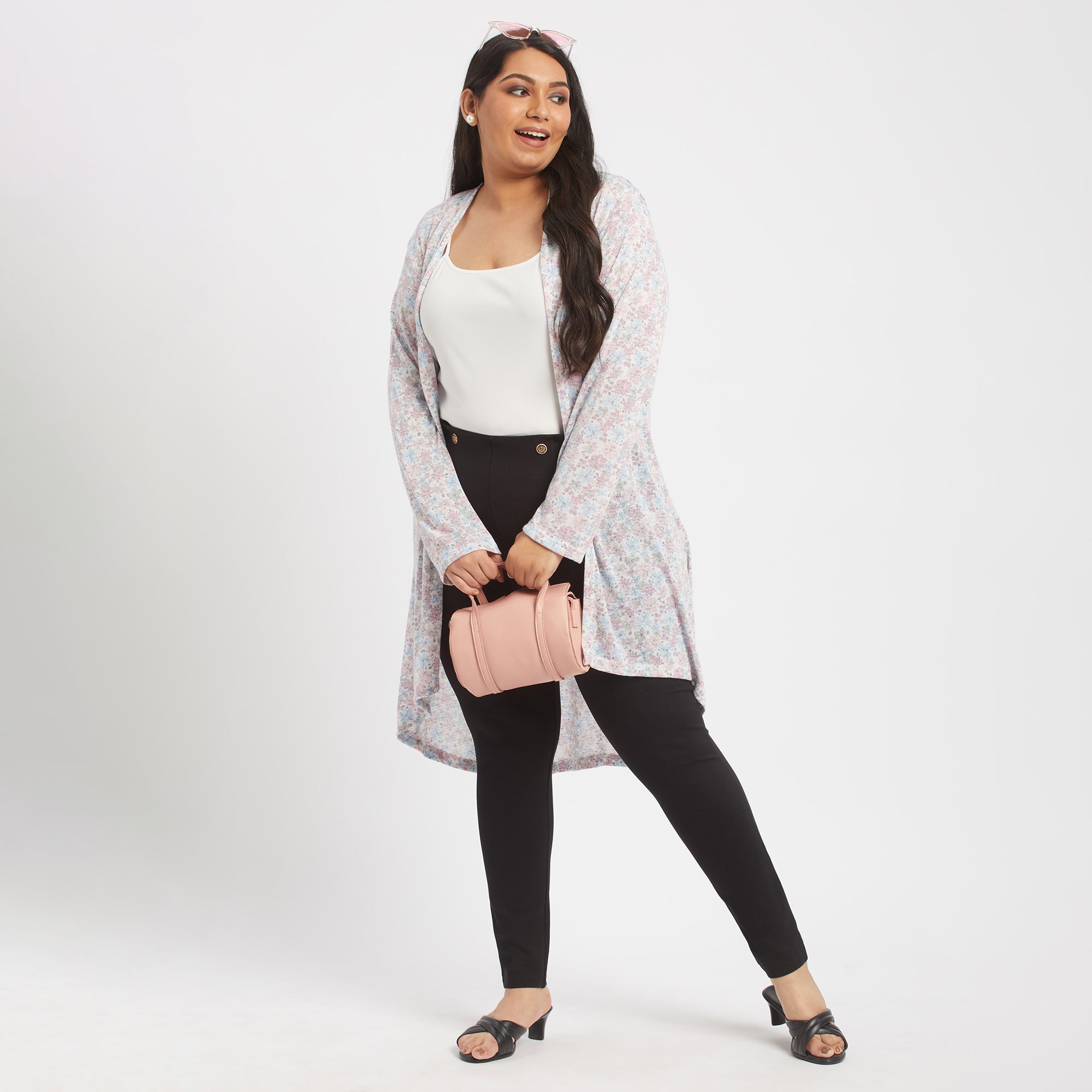 Front view of White printed plus size knit shrug