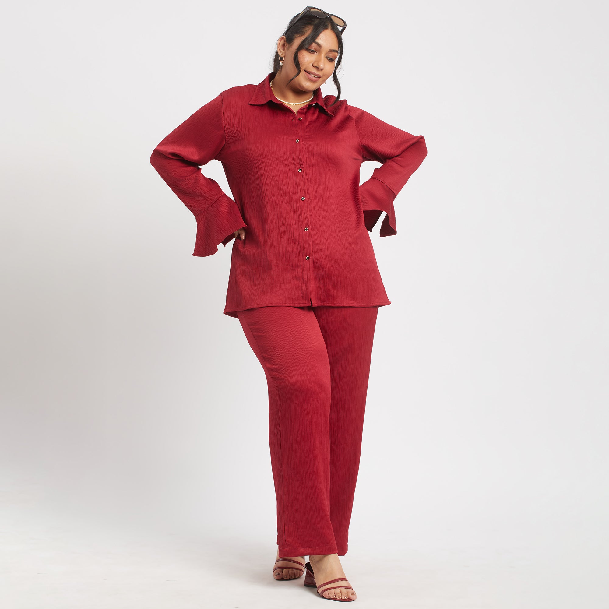 Image showcasing women in red satin co-ord set