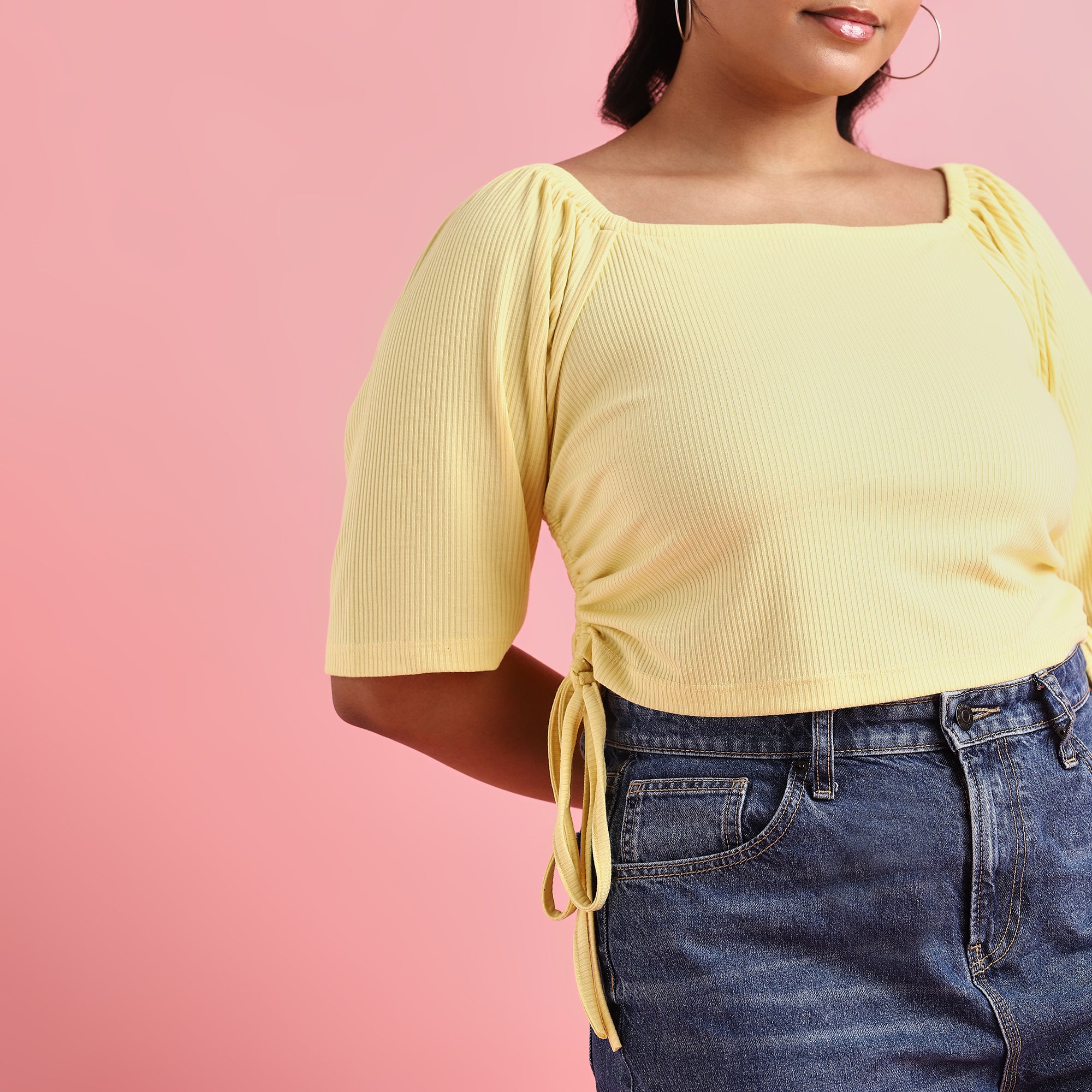 Yellow Ribbed Drawstring Fabric Crop Top