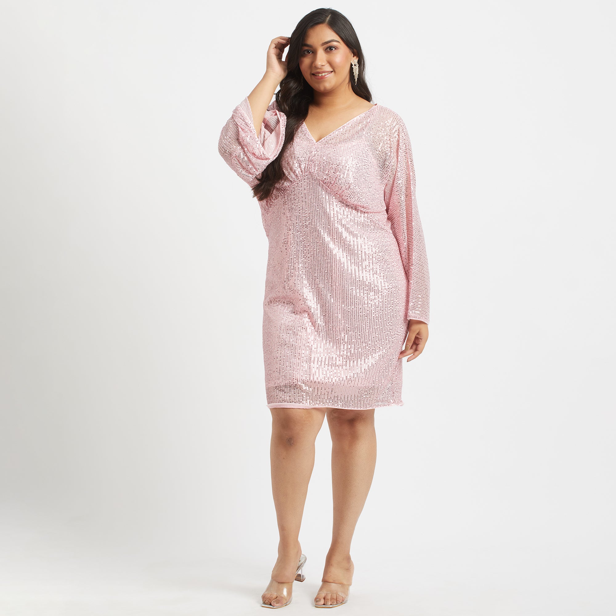 Pink Lumiere Sequins Midi Dress For Plus Size Women