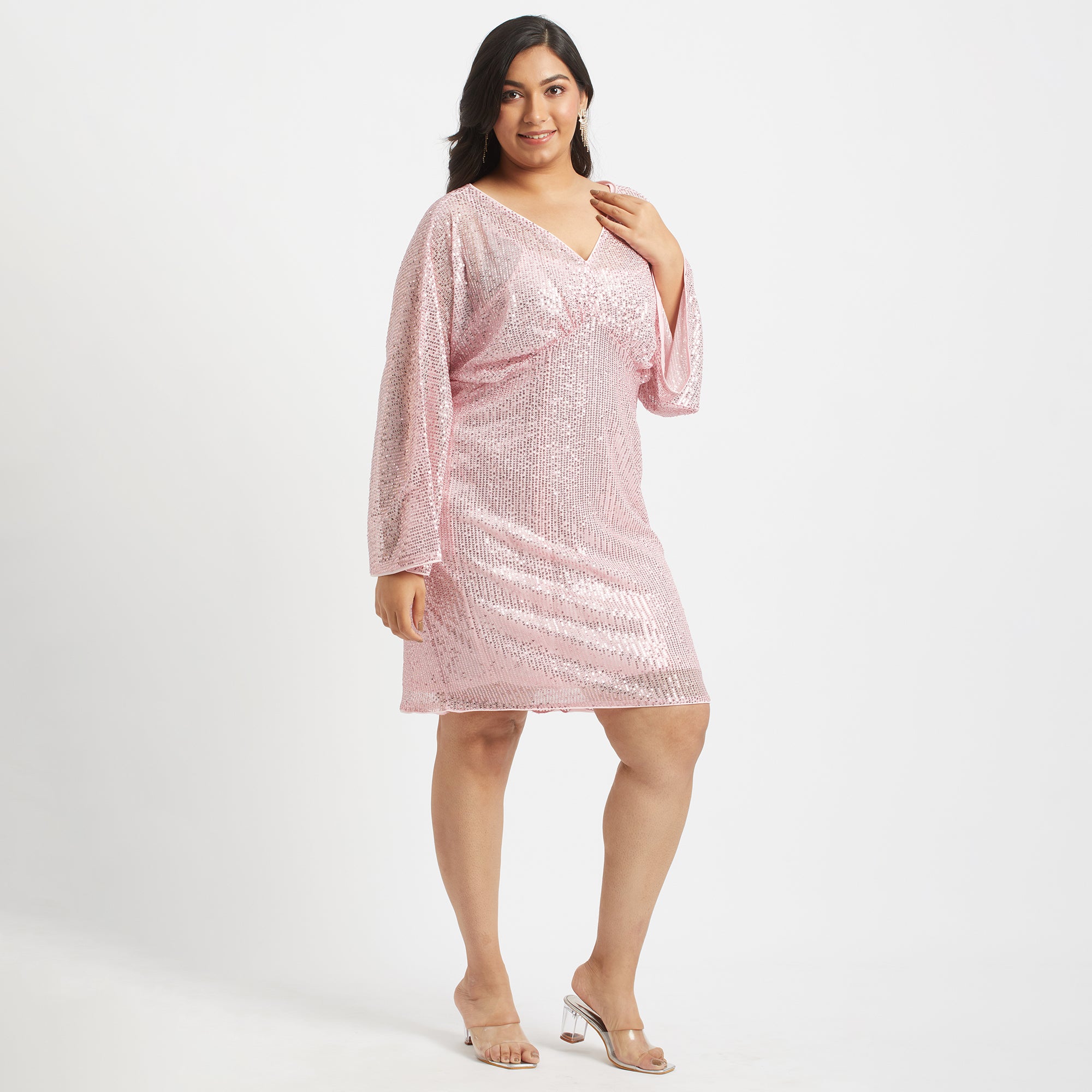 Pink Lumiere Sequins Midi Dress For Plus Size Women