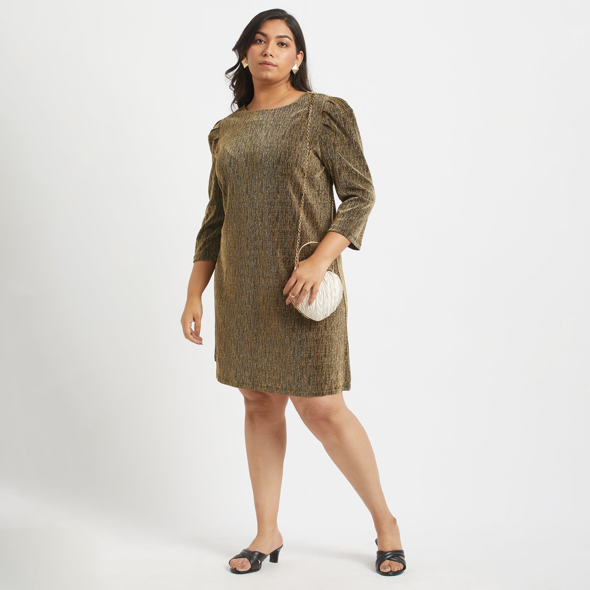 Gilded Puff Sleeve Dress For Plus Size Women