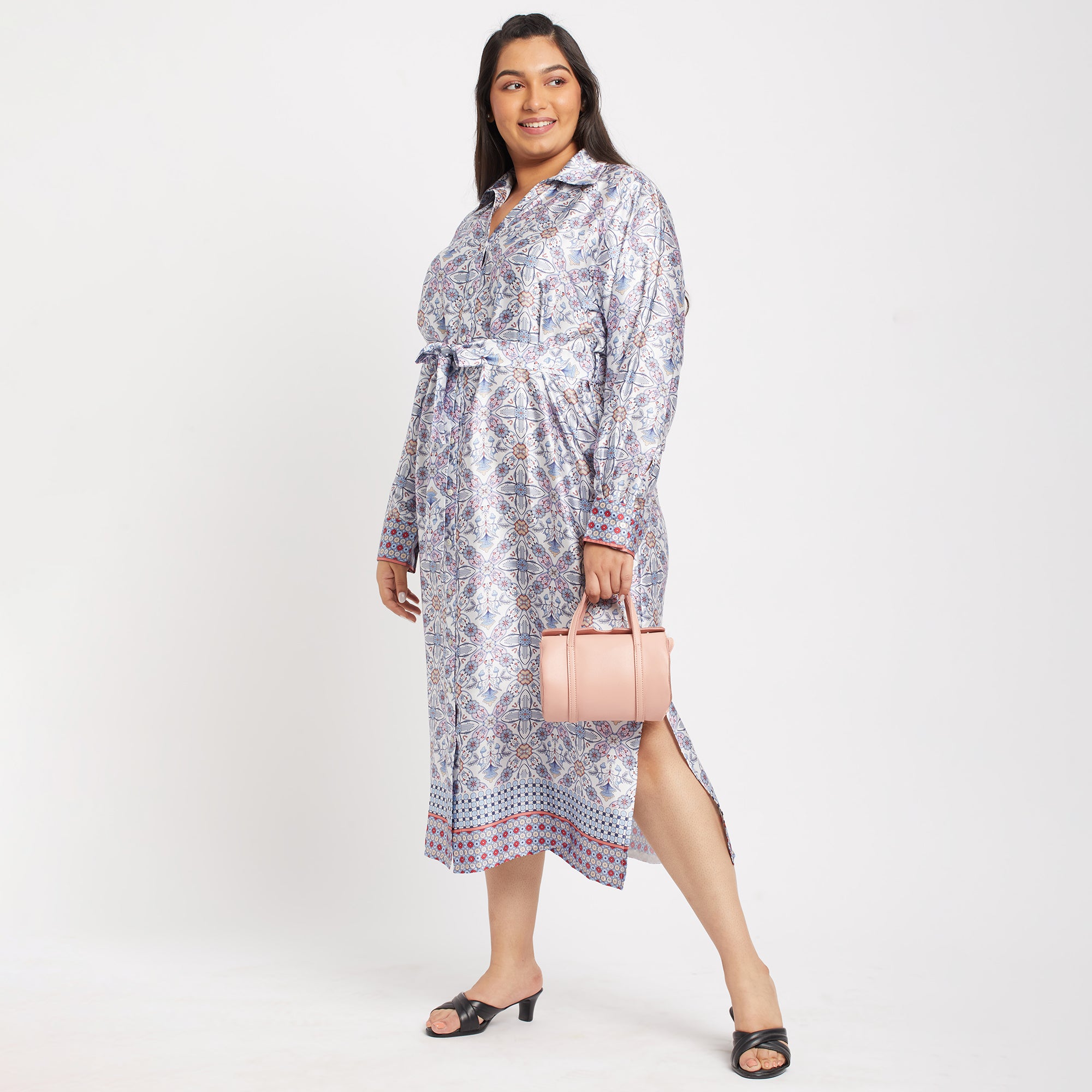 Printed Satin Plus Size Shirt Dress