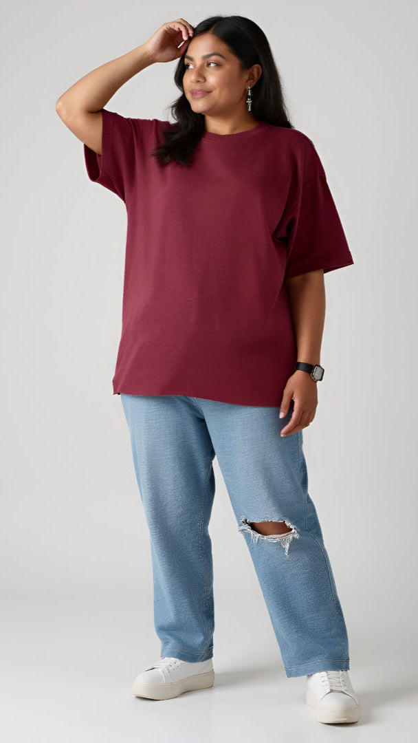 Maroon Plus-Size Drop Shoulder T-shirt