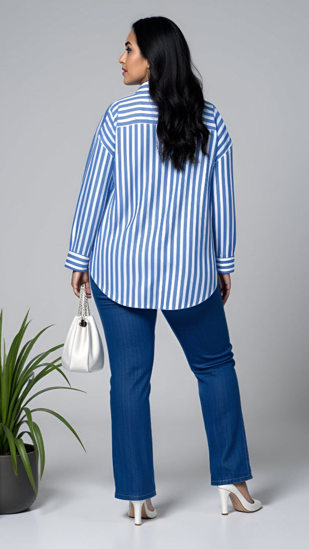 Blue & White Plus-Size Stripes Oversized Shirt