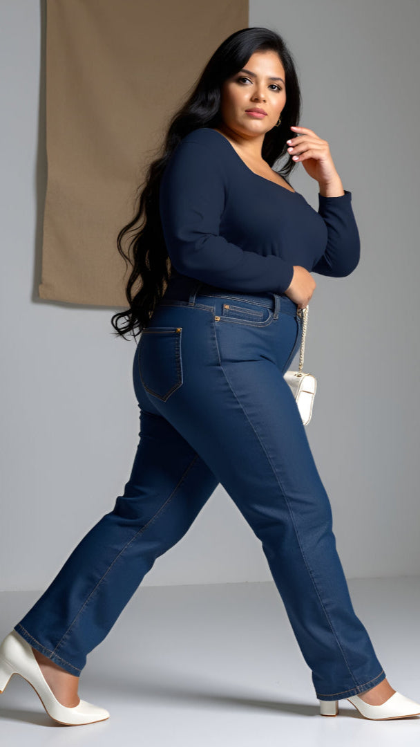 Navy Blue Plus-Size Square Neck Full Sleeves Top