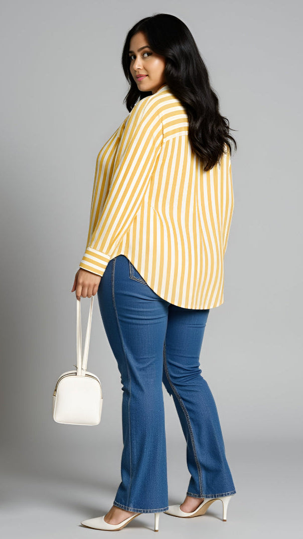 Yellow and White Plus-Size Stripes Oversized Shirt
