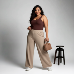 Beige Scuba Wide-Leg Trousers with Elasticated Waist