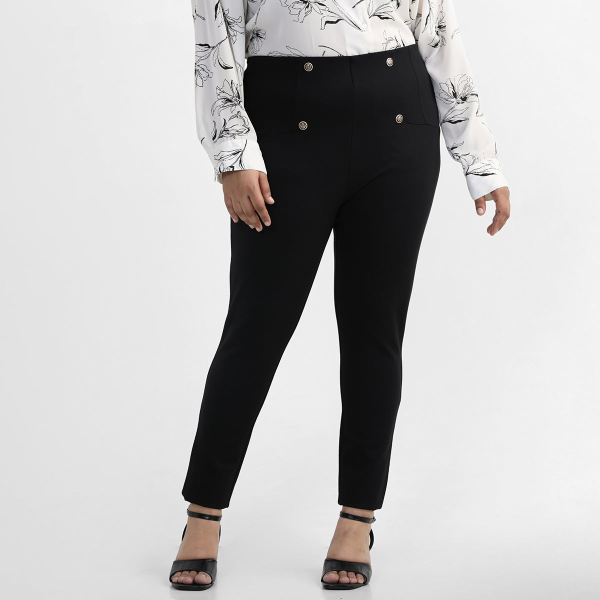 Black Plus Size Buttoned Tailored Trousers