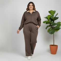 Light Brown Scuba Wide-Leg Pants with Contrast Piping