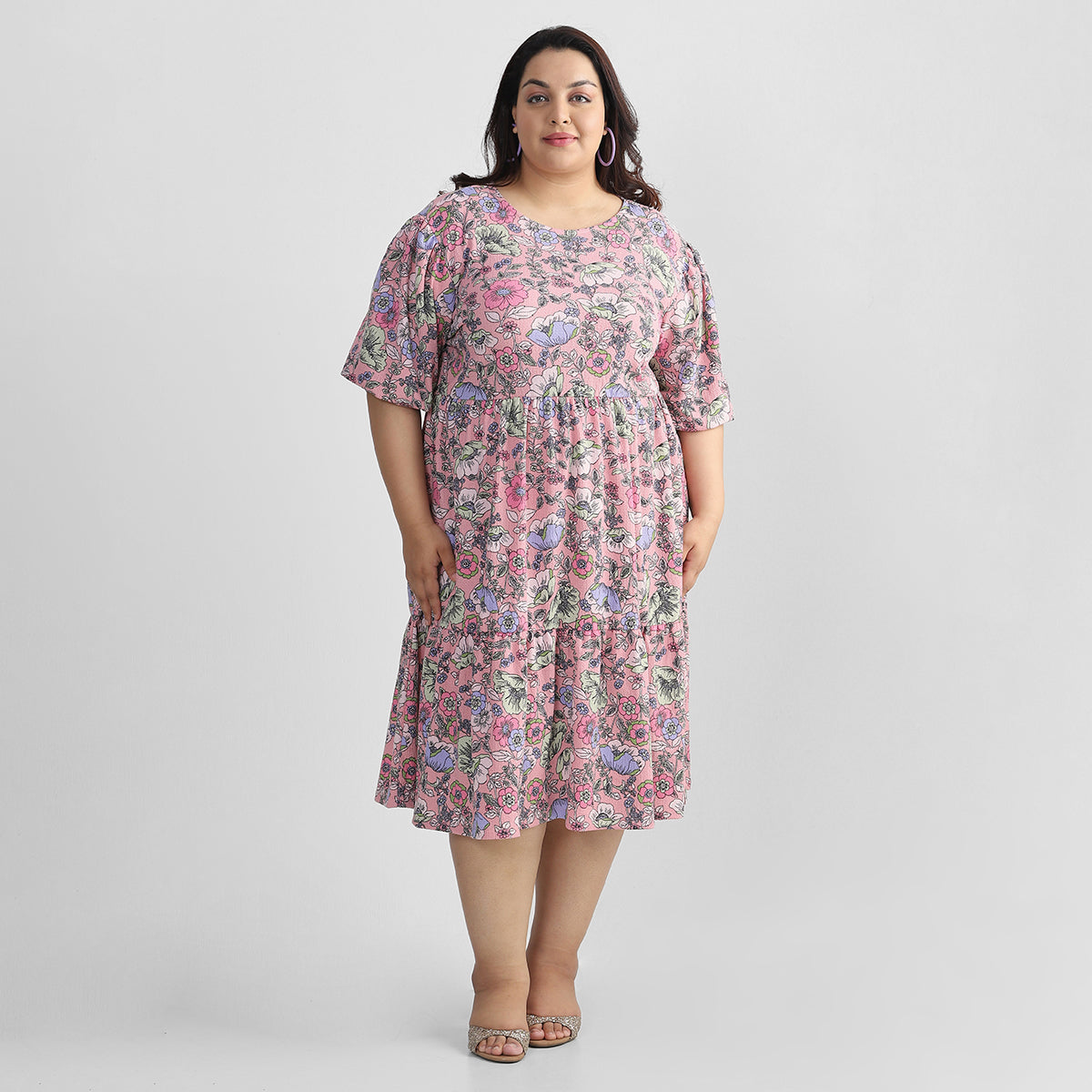 Plus-Size Light Pink Floral Printed Textured Knit Midi Dress by CALAE Sizes Available L to 5XL