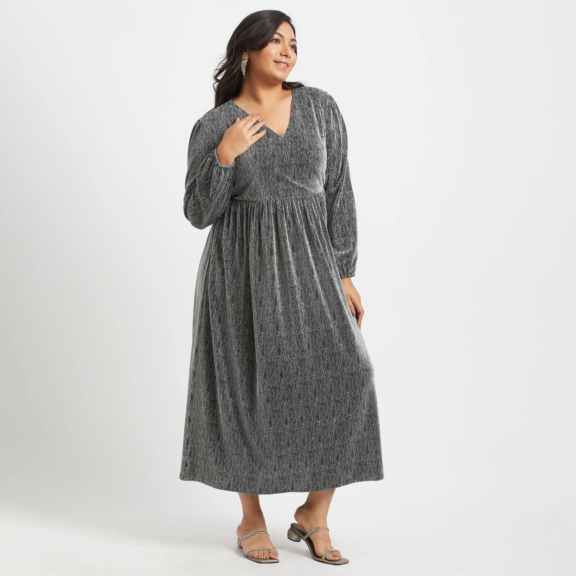 Silver Shimmer Wrap Dress For Plus Size Women