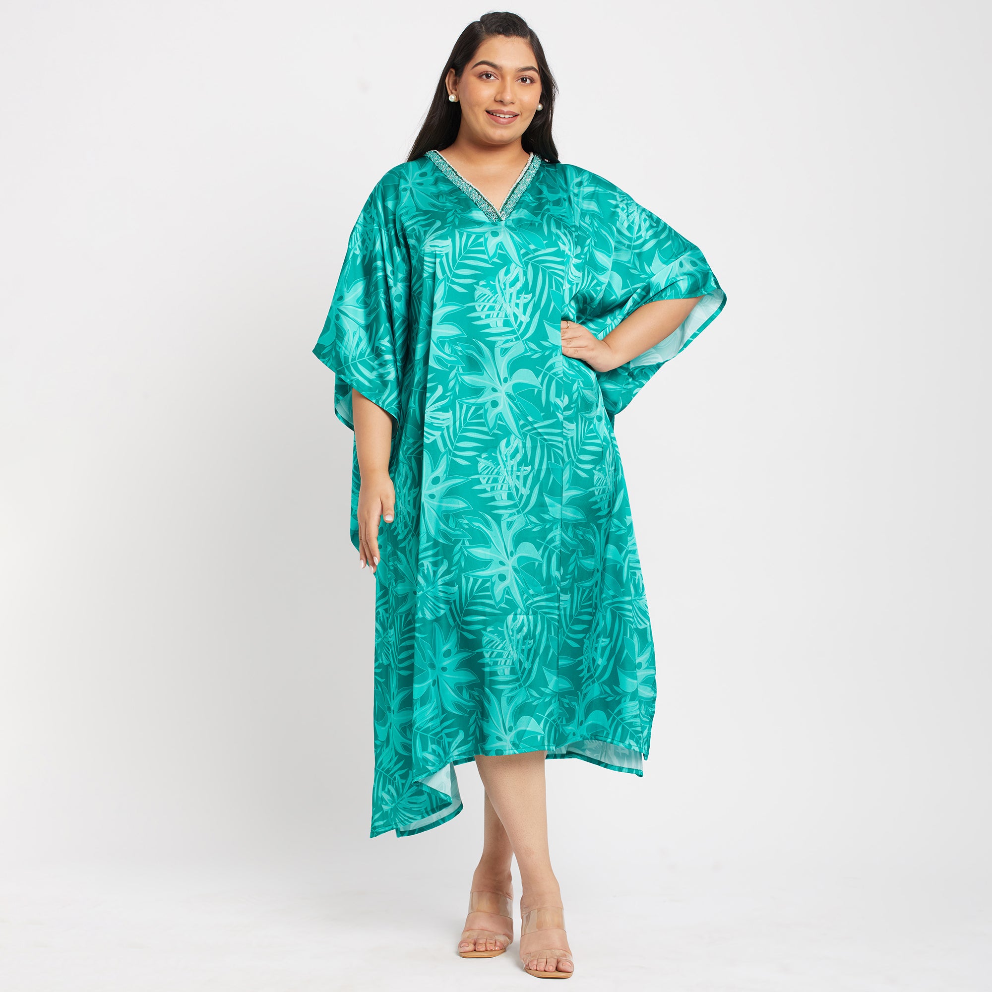 Festive Print Plus Size Satin Kaftan