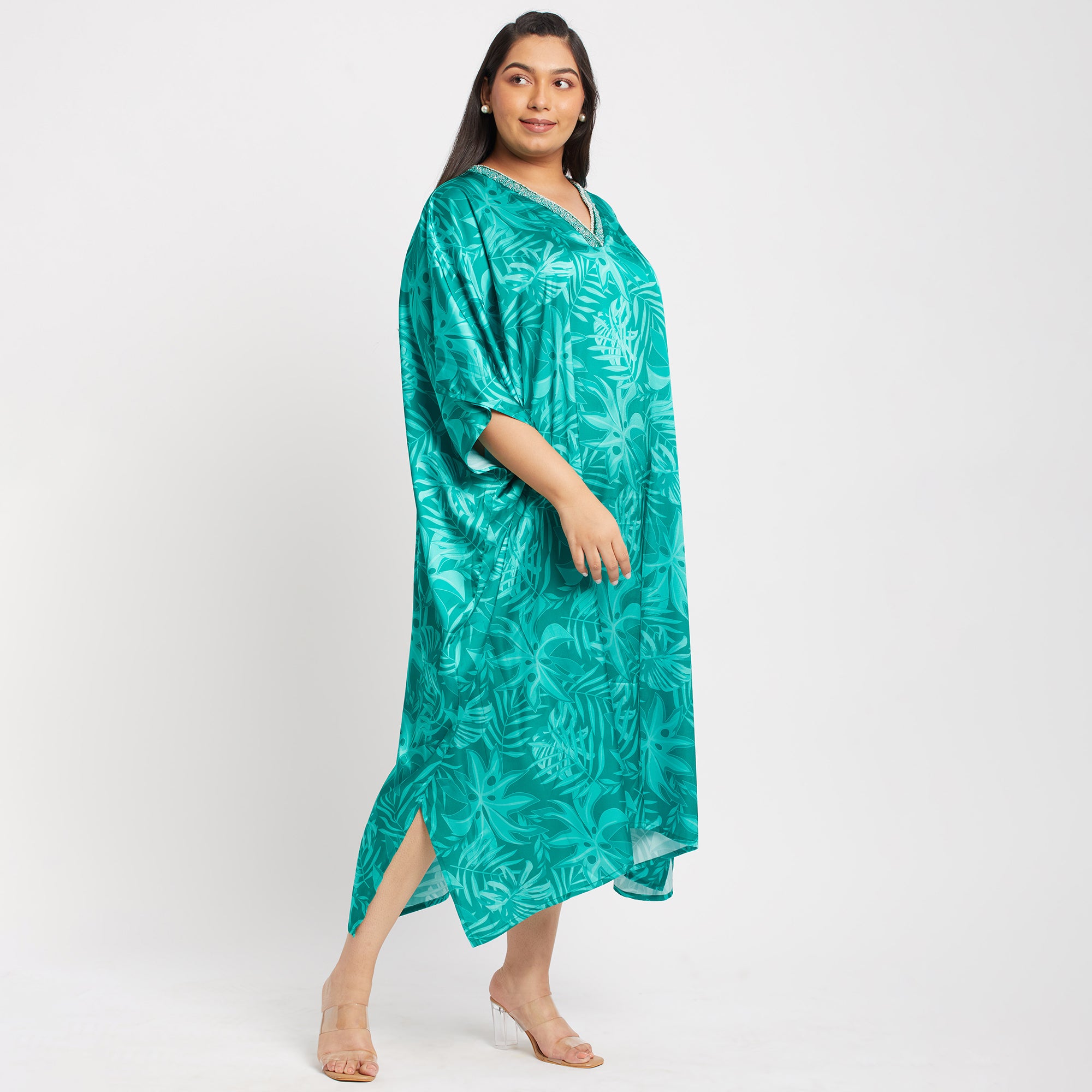 Festive Print Plus Size Satin Kaftan