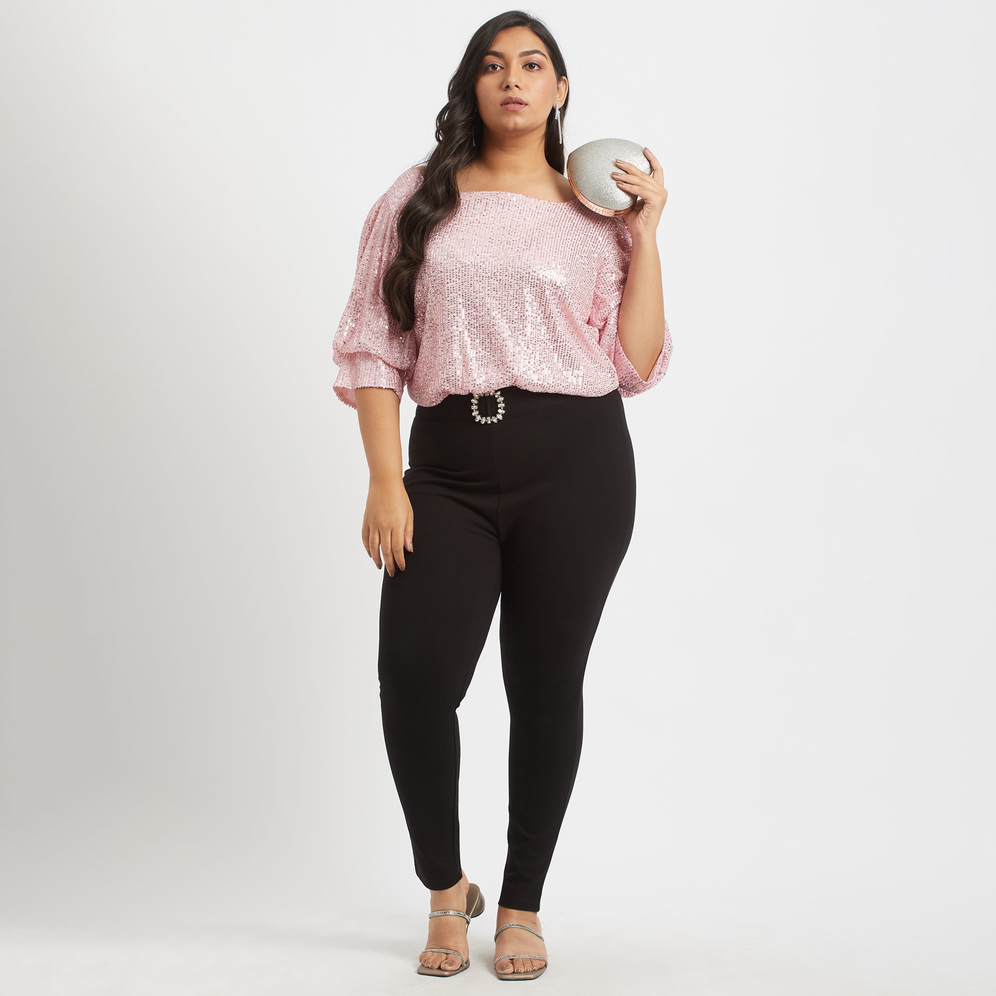 Pink sequins plus size square neck top by Calae Sizes Available