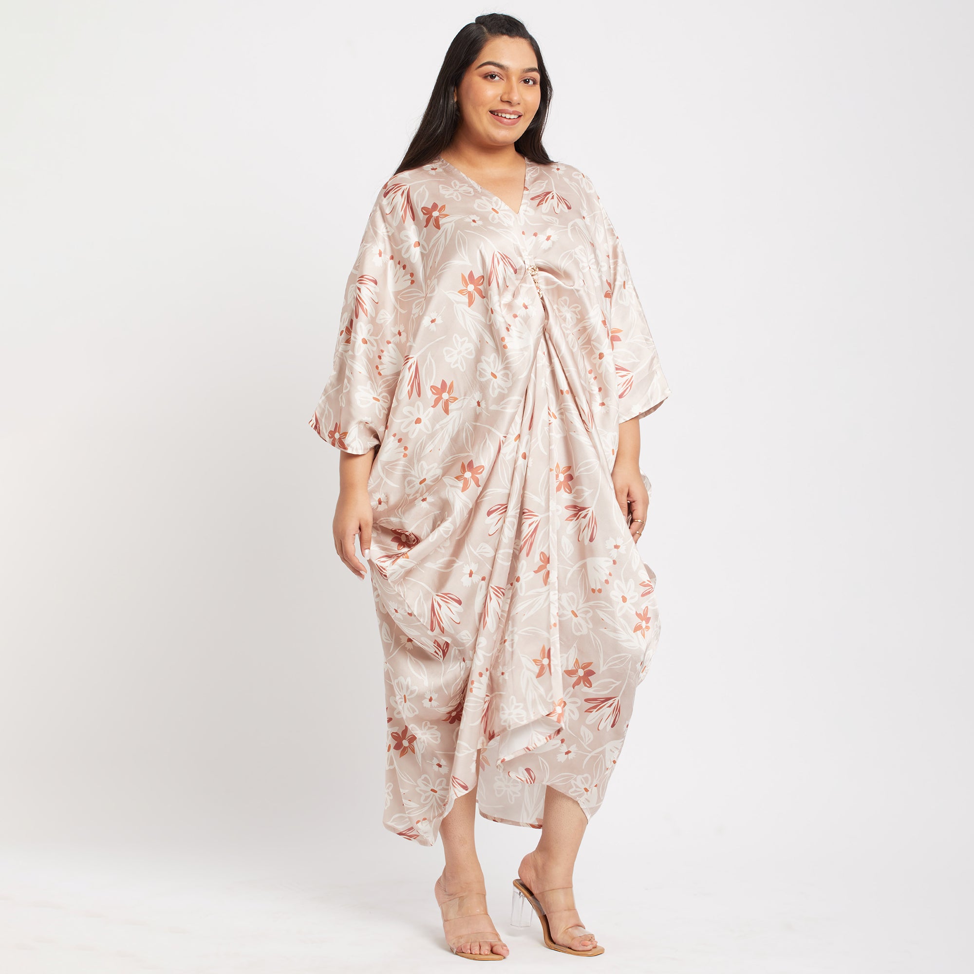 Button Detail Satin Print Plus Size Kaftan