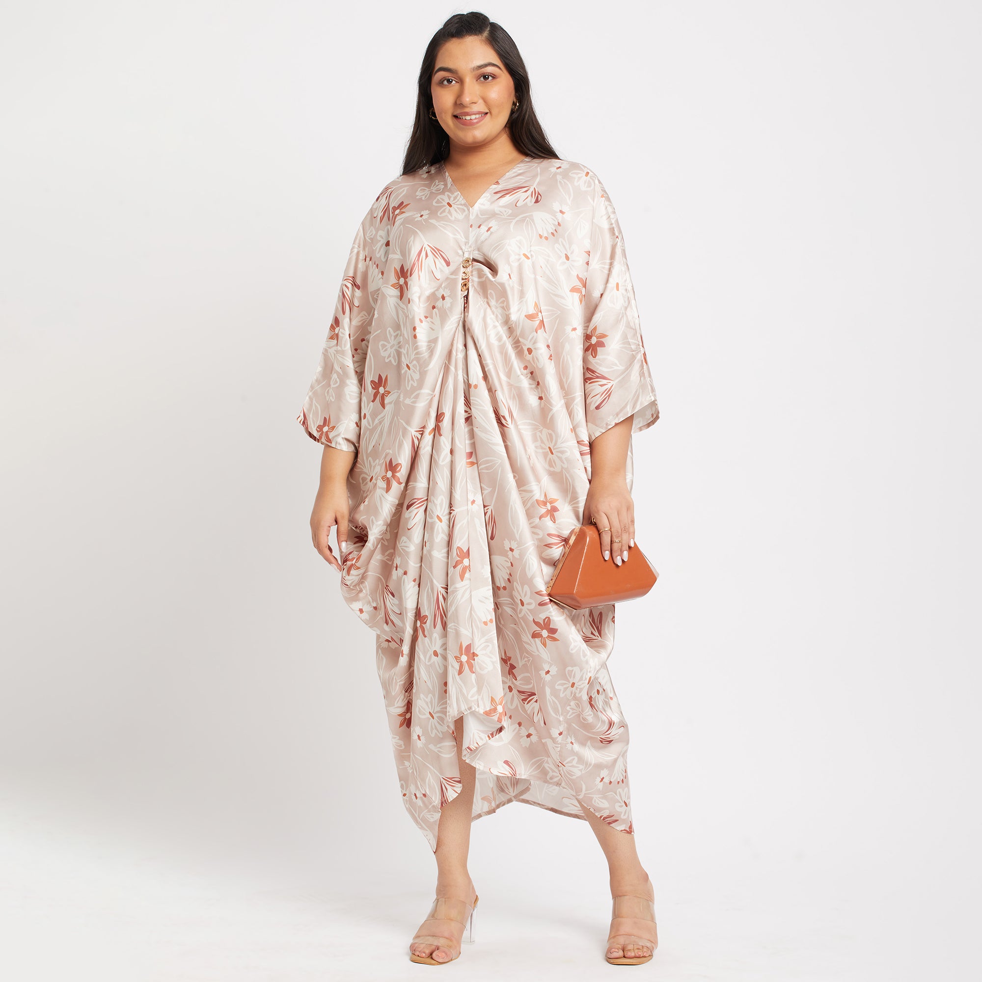 Button Detail Satin Print Plus Size Kaftan