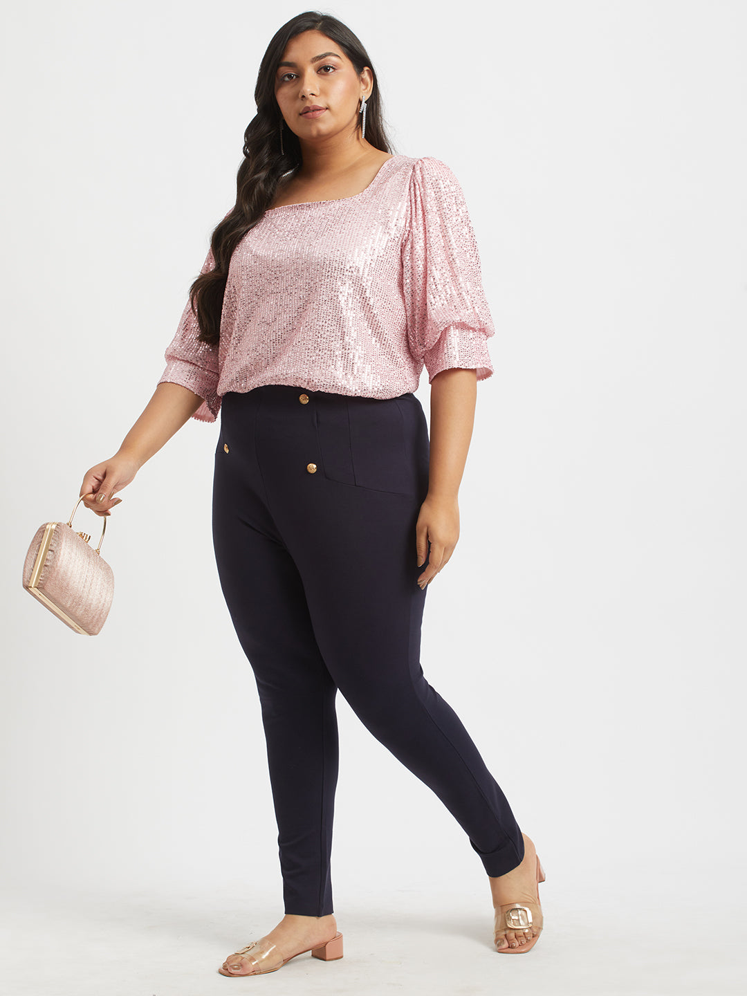 Navy Plus Size Buttoned Tailored Trousers
