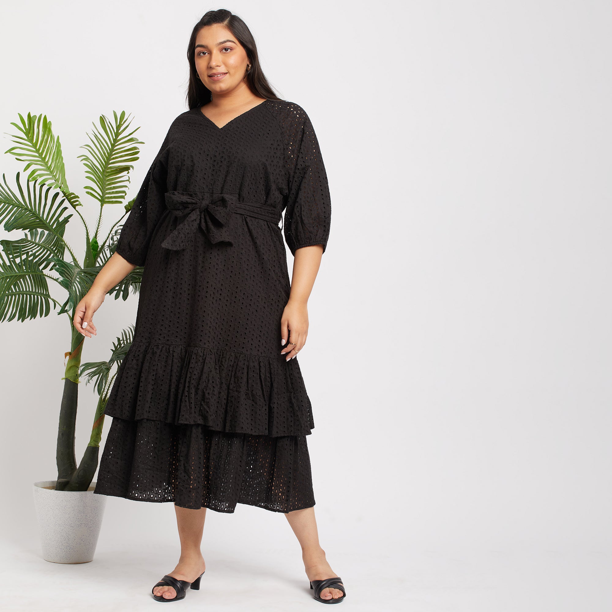 Plus-Size Black Schiffli Cotton Maxi Dress by CALAE | Sizes Available L to 5XL