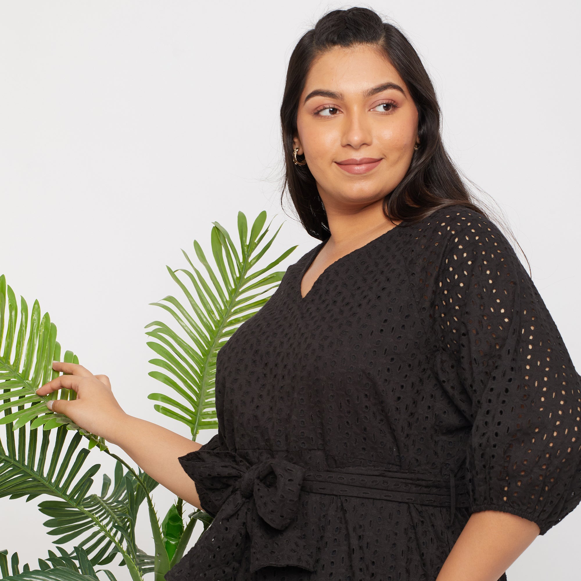 Plus-Size Black Schiffli Cotton Maxi Dress by CALAE | Sizes Available L to 5XL