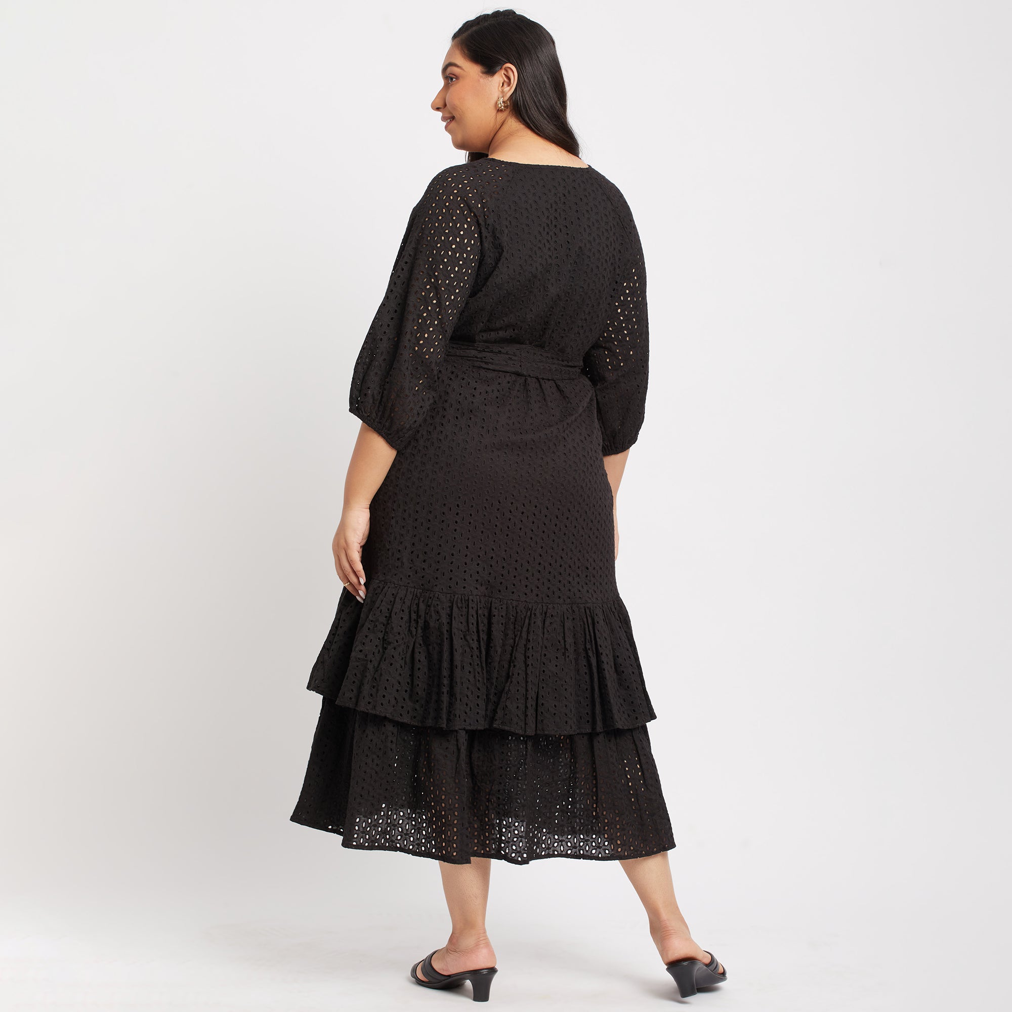Plus-Size Black Schiffli Cotton Maxi Dress by CALAE | Sizes Available L to 5XL