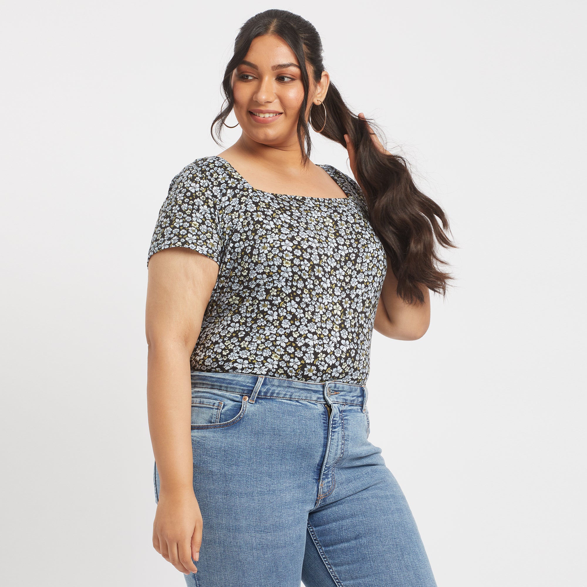 Blue ditsy floral plus size square neck rib top