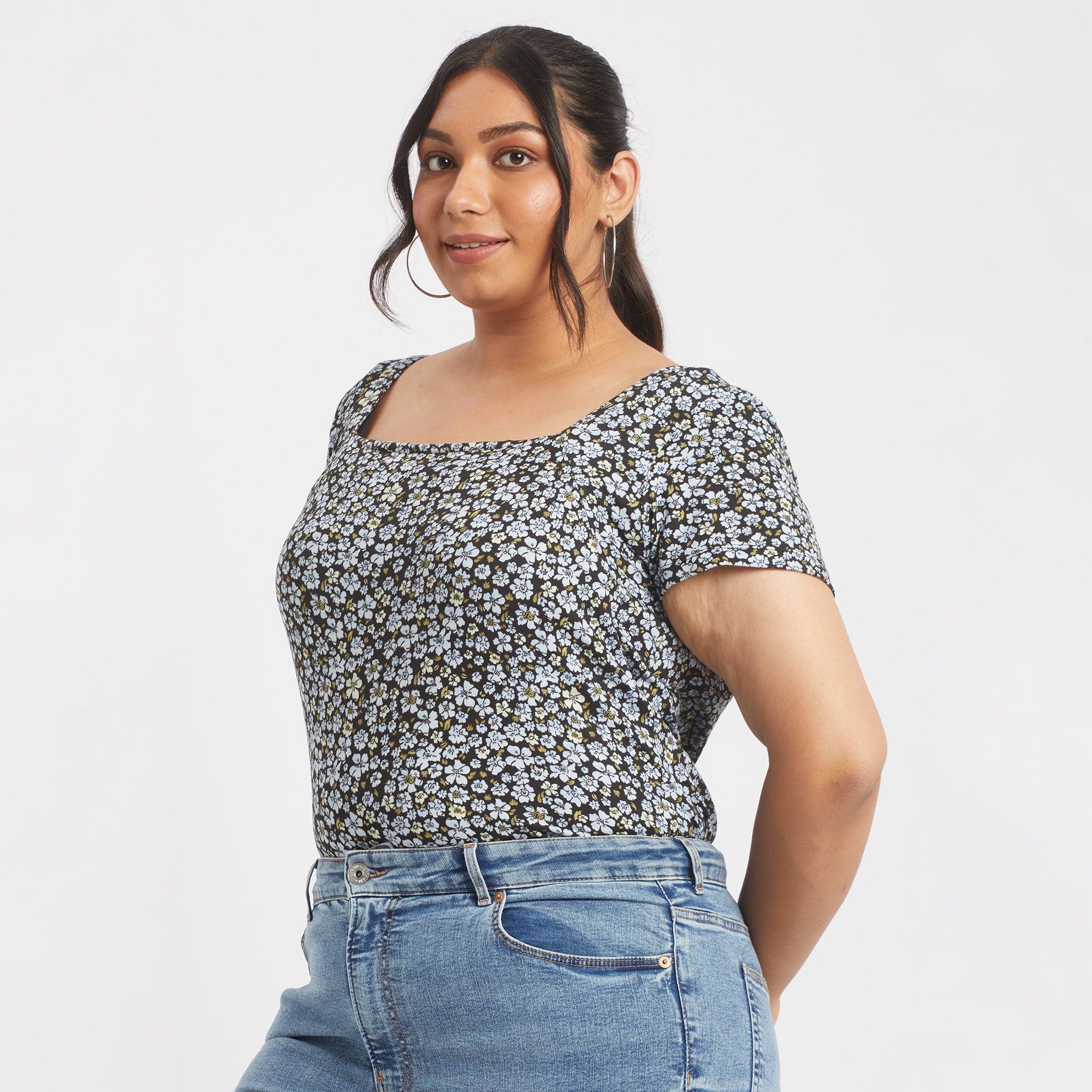 Blue ditsy floral plus size square neck rib top