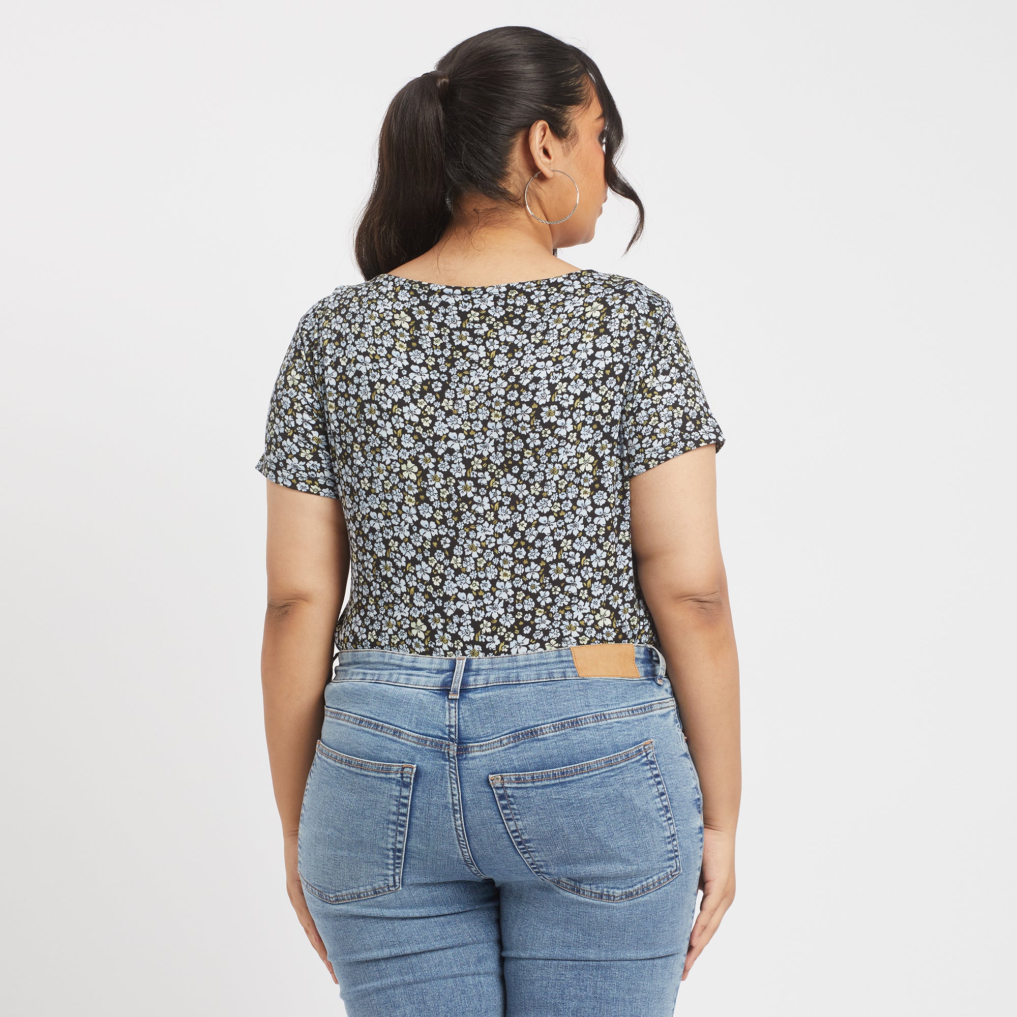 Blue ditsy floral plus size square neck rib top