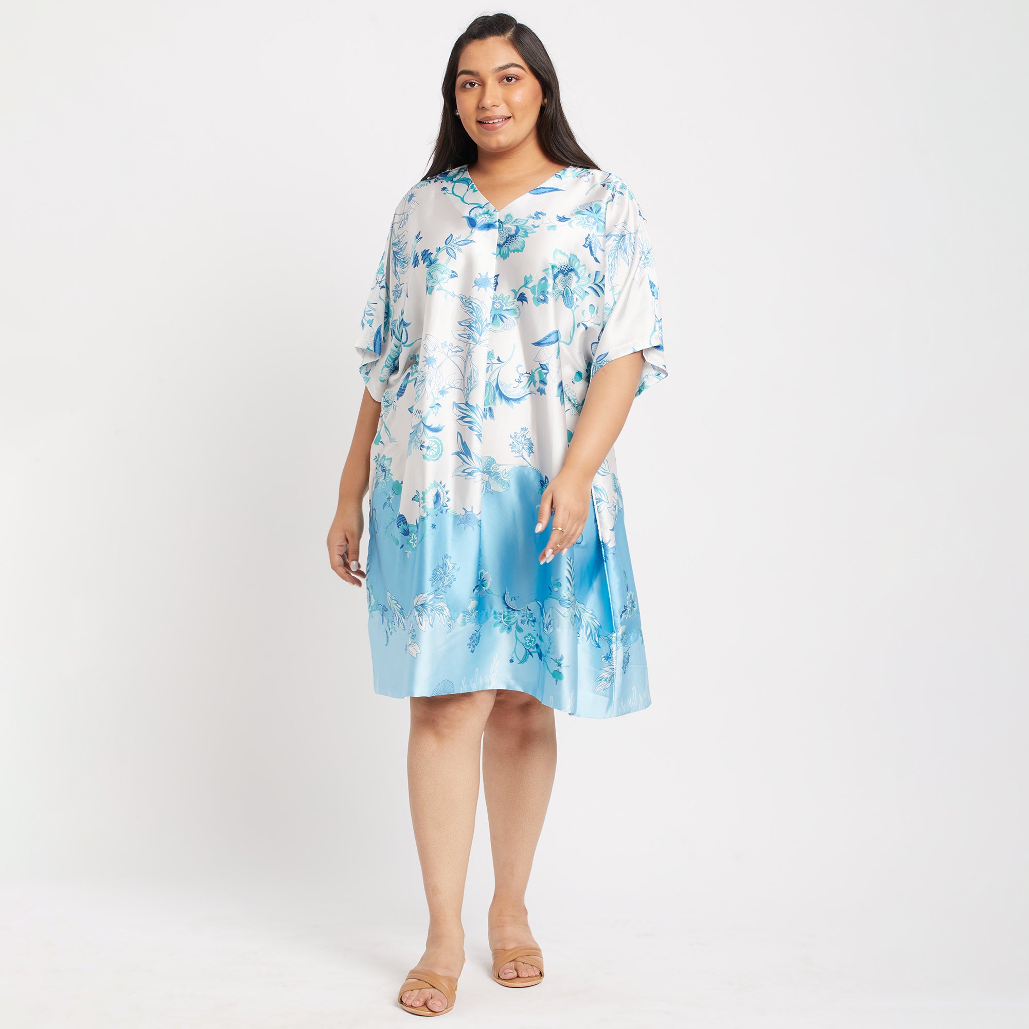 Blue Print Satin Plus Size Kaftan