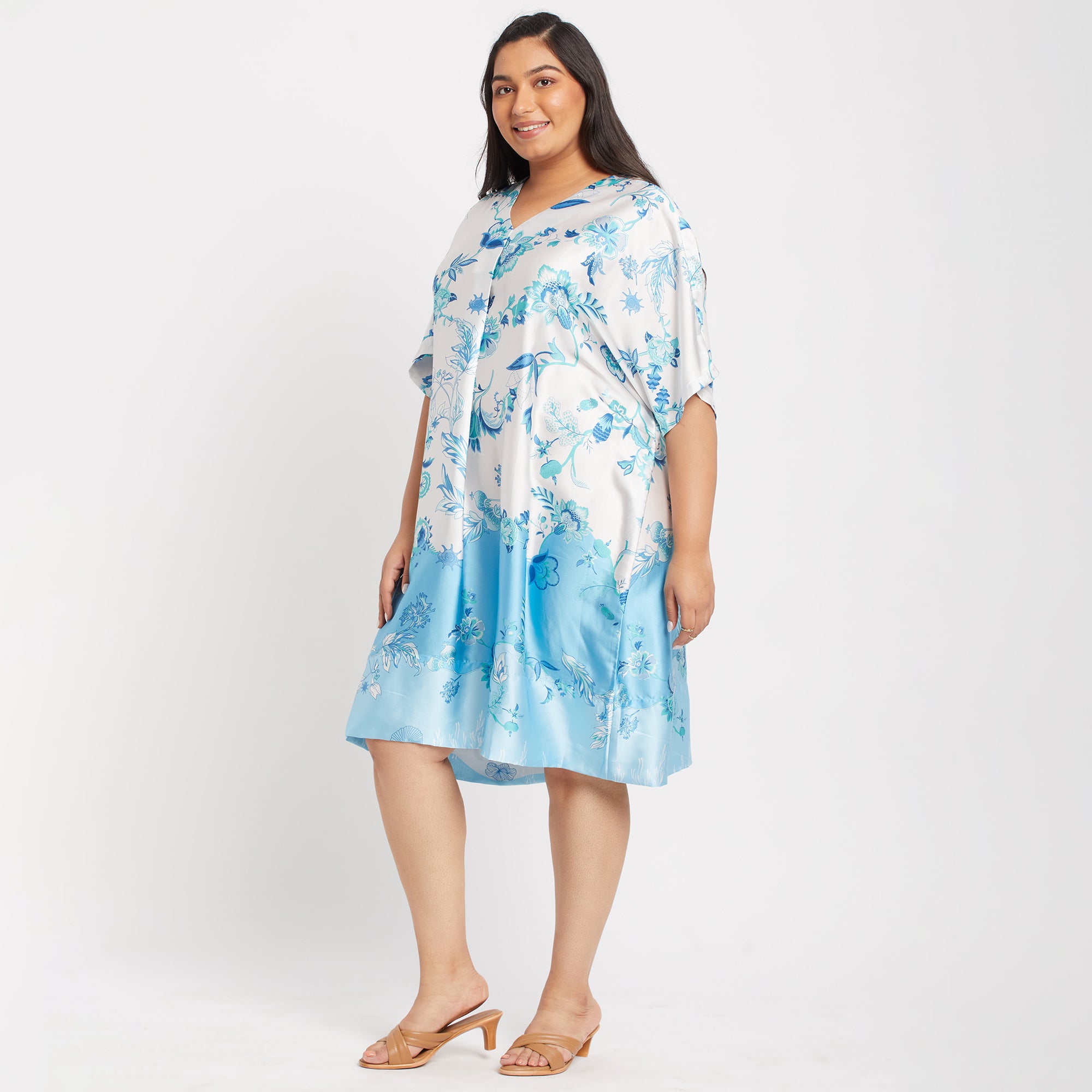 Blue Print Satin Plus Size Kaftan
