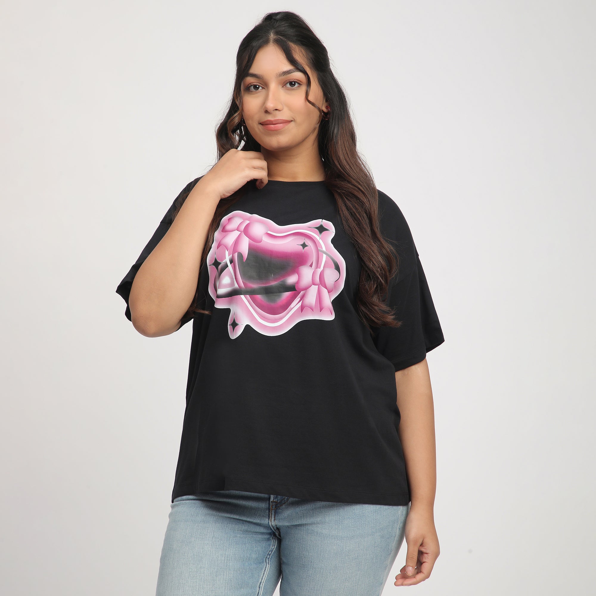 Black Heart Print Cotton Jersey Plus Size Tee