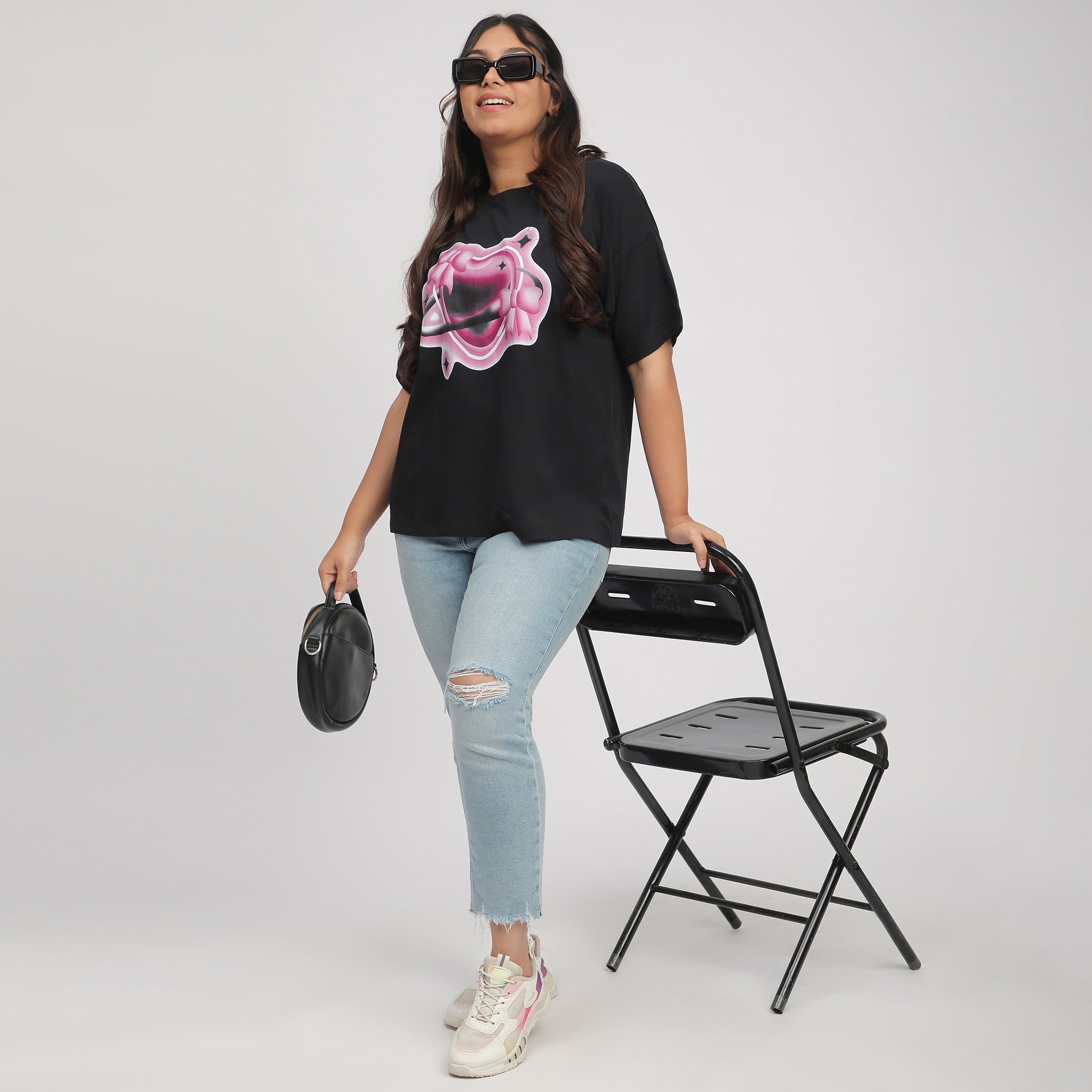 Black Heart Print Cotton Jersey Plus Size Tee