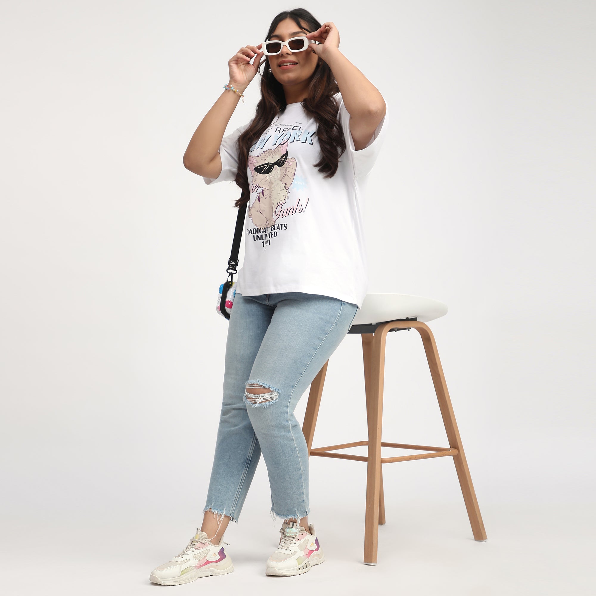 White Cat Print Cotton Jersey Plus Size Tee