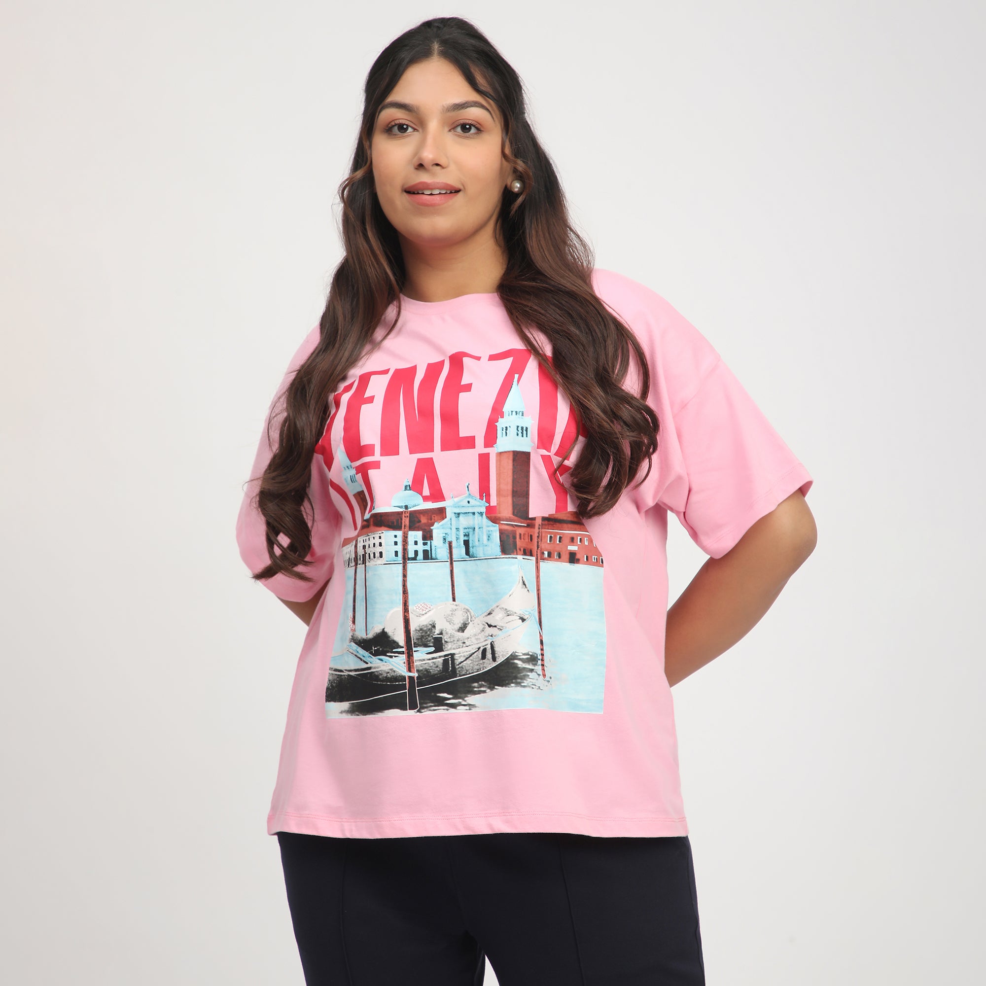 Pink Venezia Print Cotton Jersey Plus Size Tee