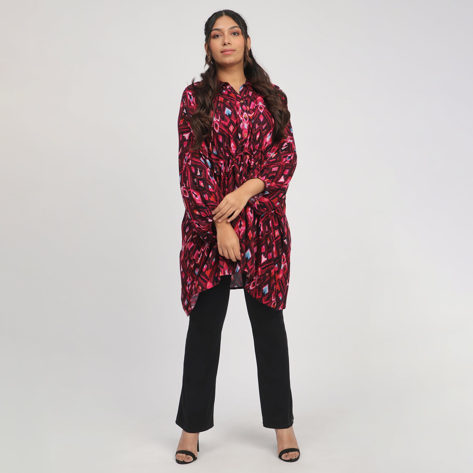 Dark Pink Plus-Size Ikat Print Kaftan with Drawstrings