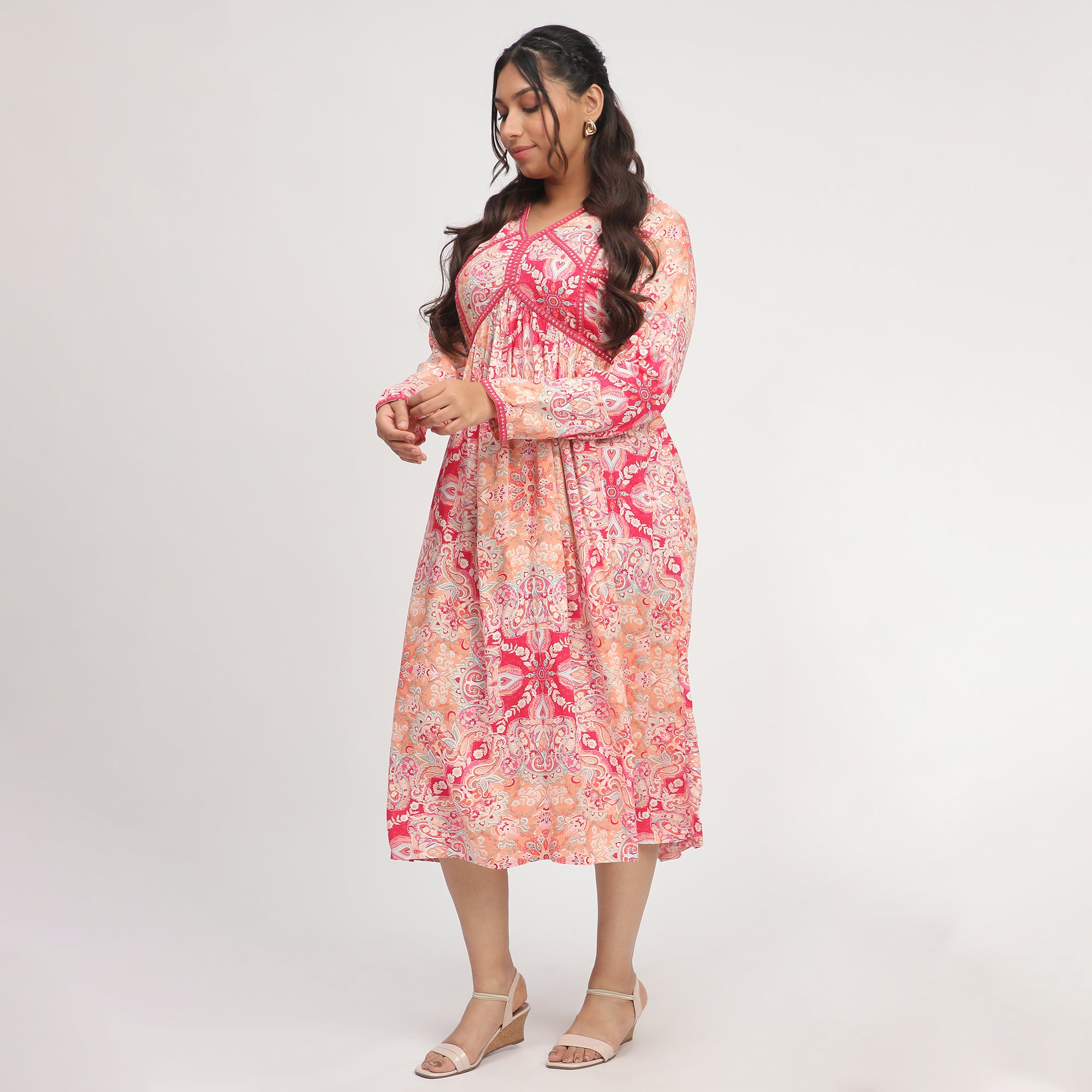 Multi-Color Abstract Print Plus-Size Foil Lace Embellished Ethnic Dress