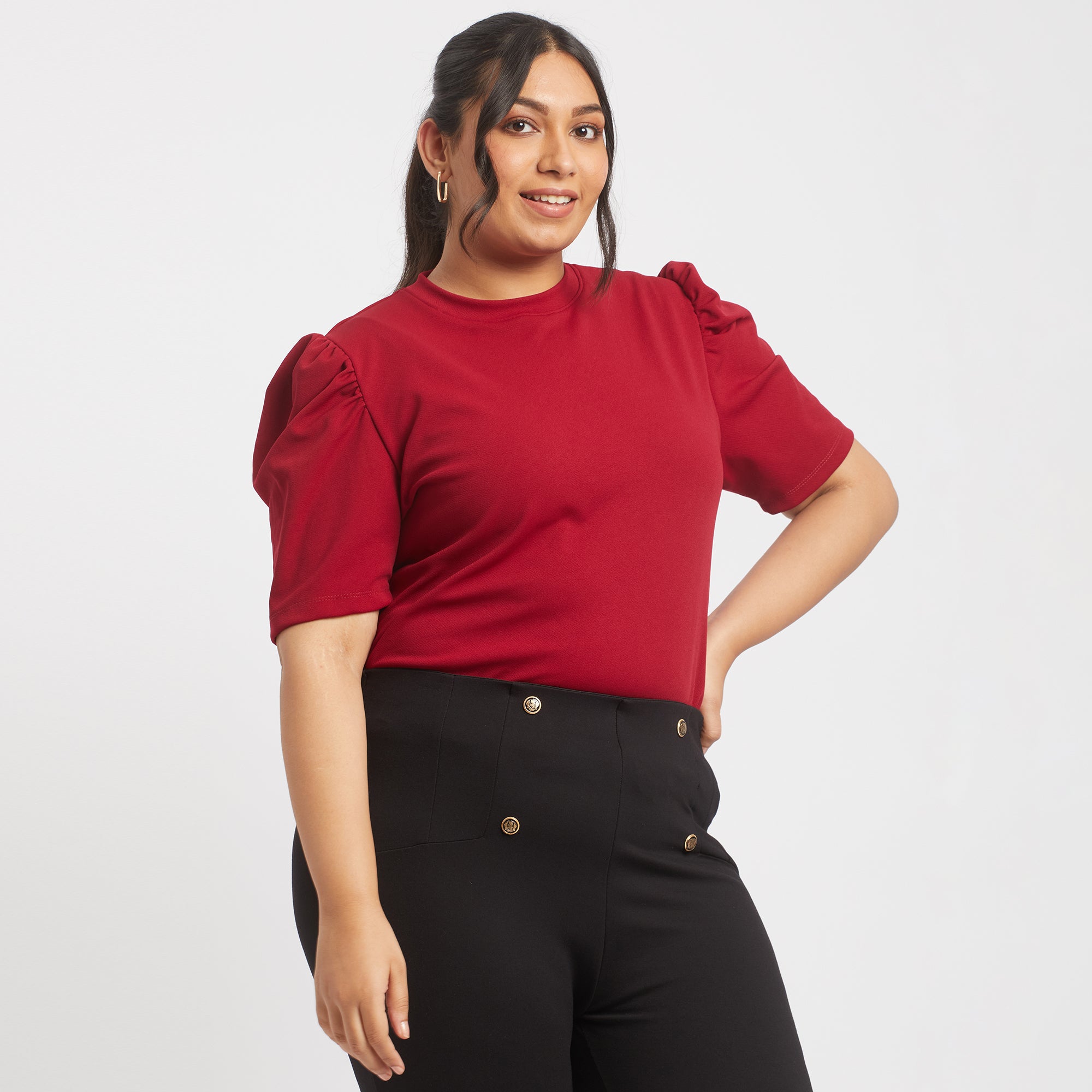 Red textured knit plus size puff sleeves top