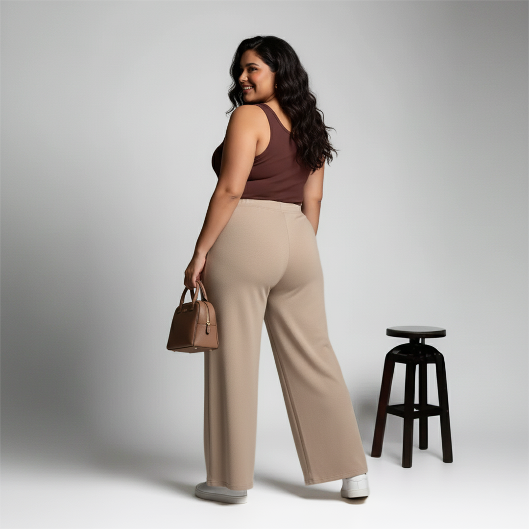 Beige Scuba Wide-Leg Trousers with Elasticated Waist
