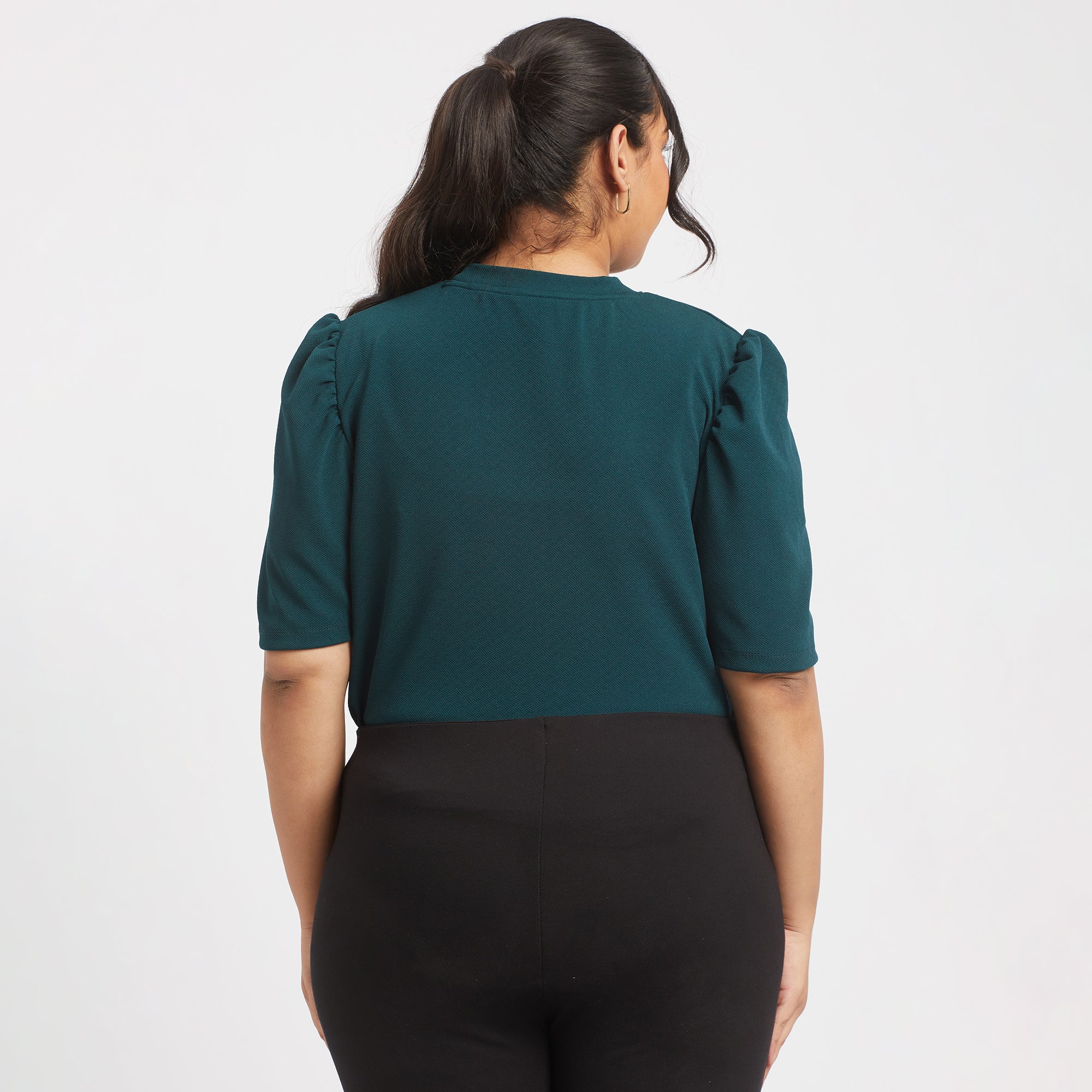 Green textured knit plus size puff sleeves top