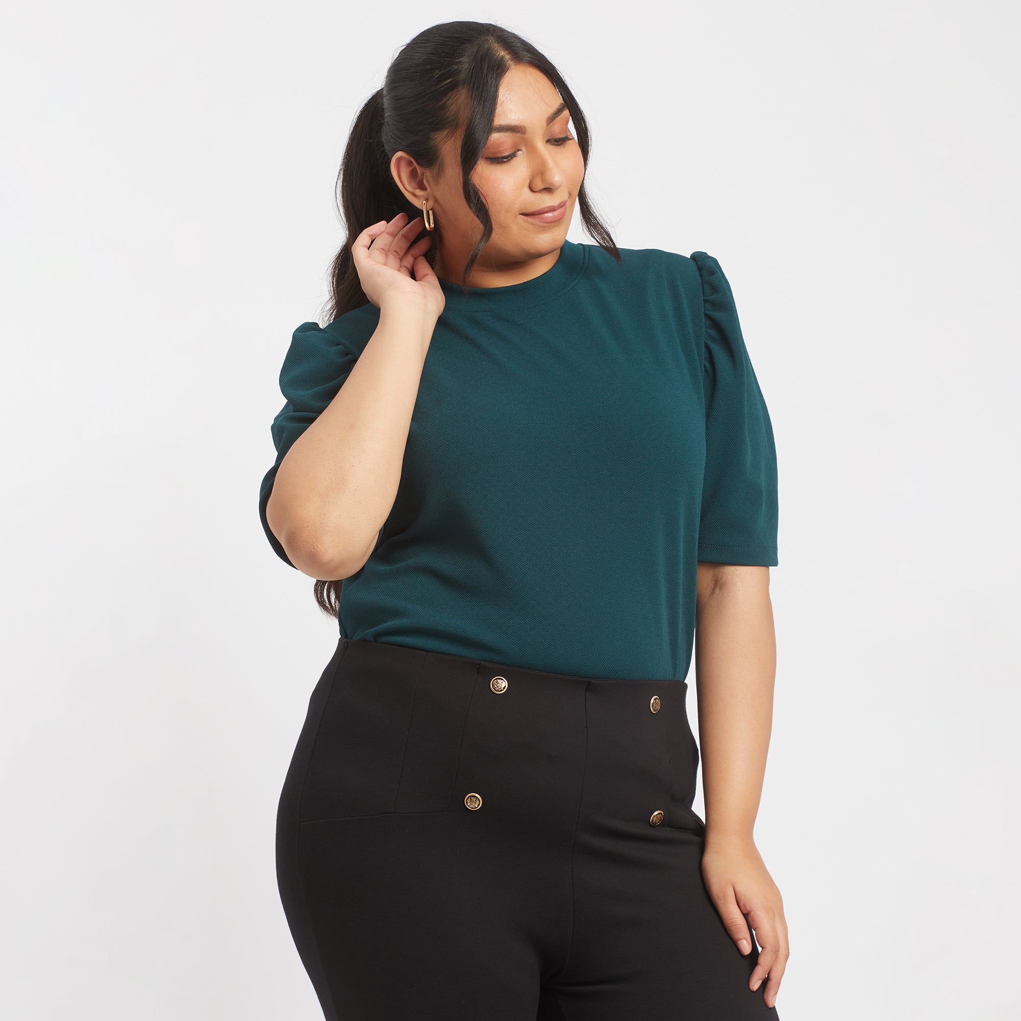 Green textured knit plus size puff sleeves top