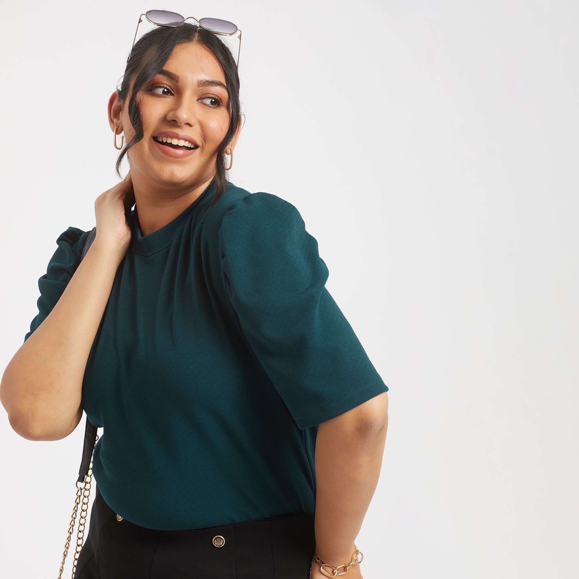 Green textured knit plus size puff sleeves top