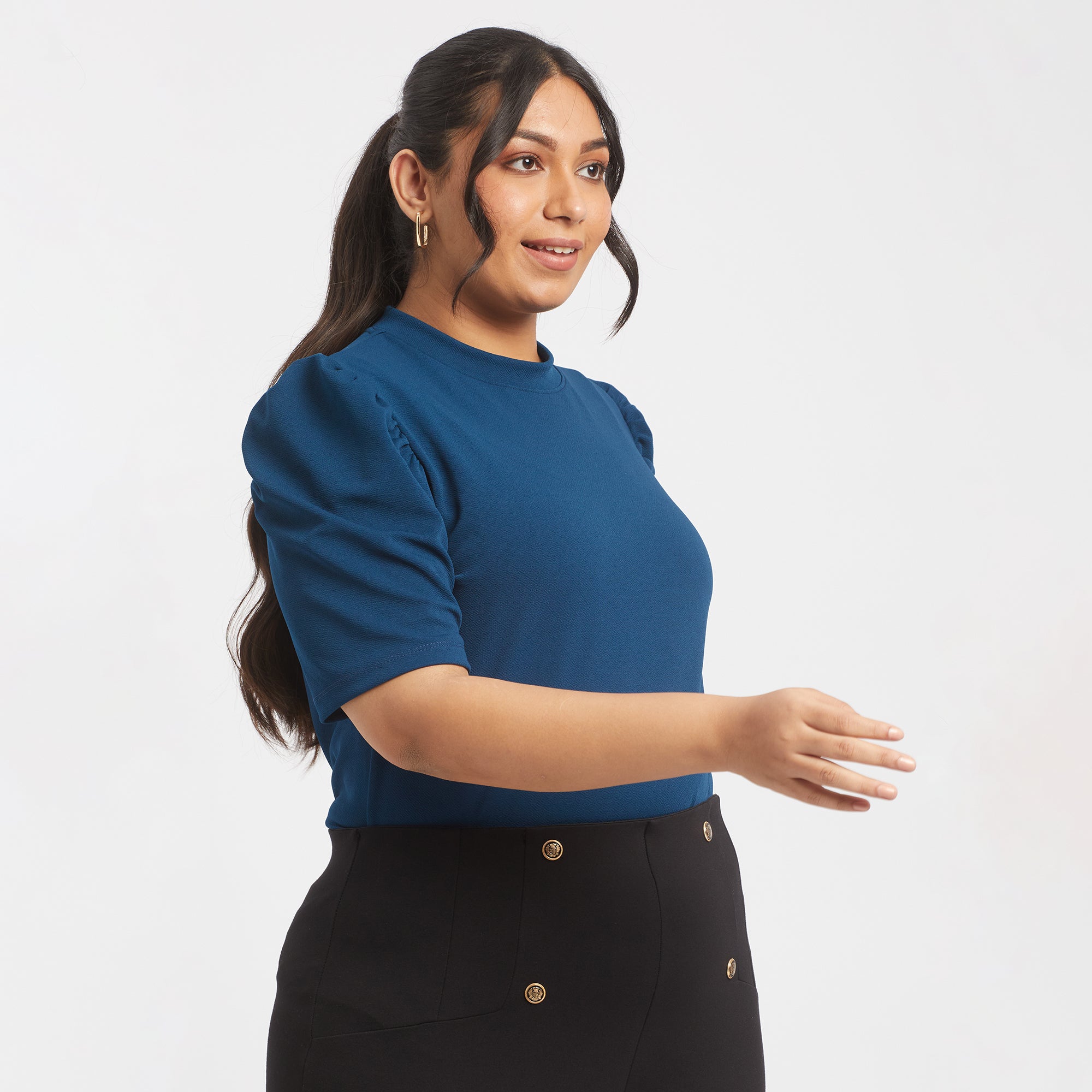 Blue textured knit plus size puff sleeves top