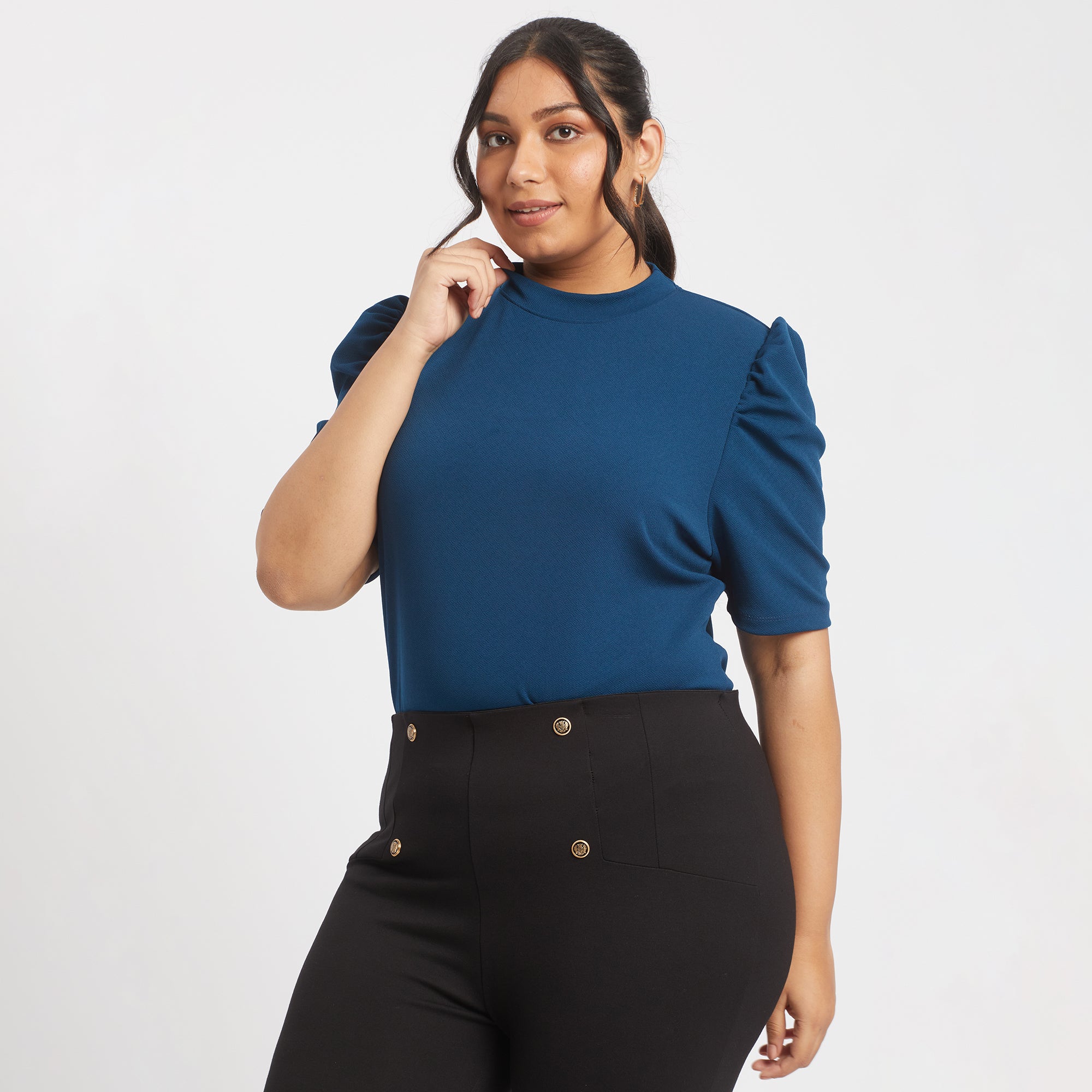 Blue textured knit plus size puff sleeves top