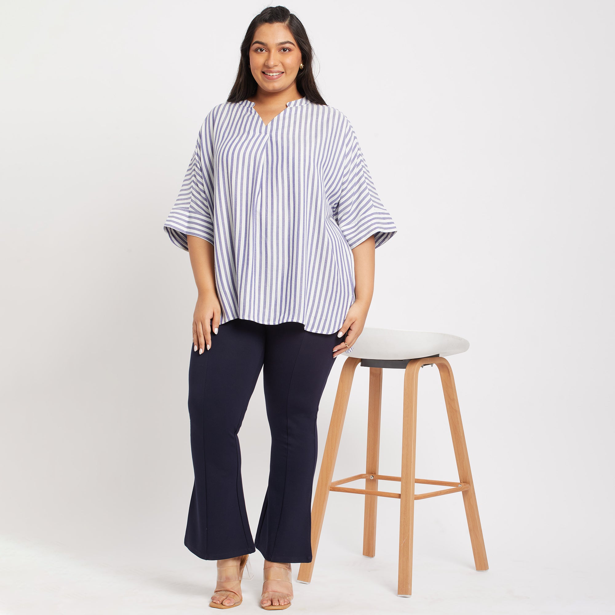 Blue Stripes Cotton Plus Size Tunic Top