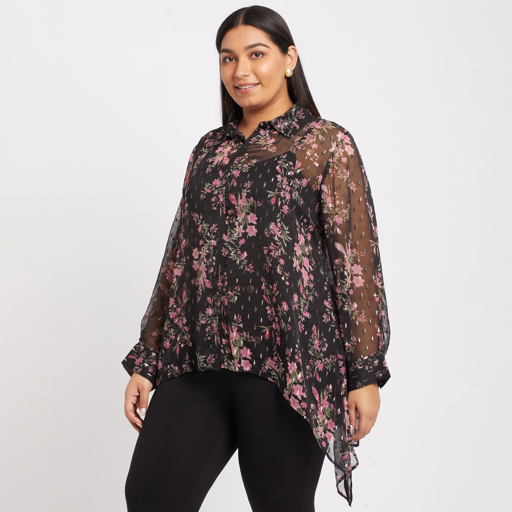 Chiffon Print Asymmetric Plus Size Shirt