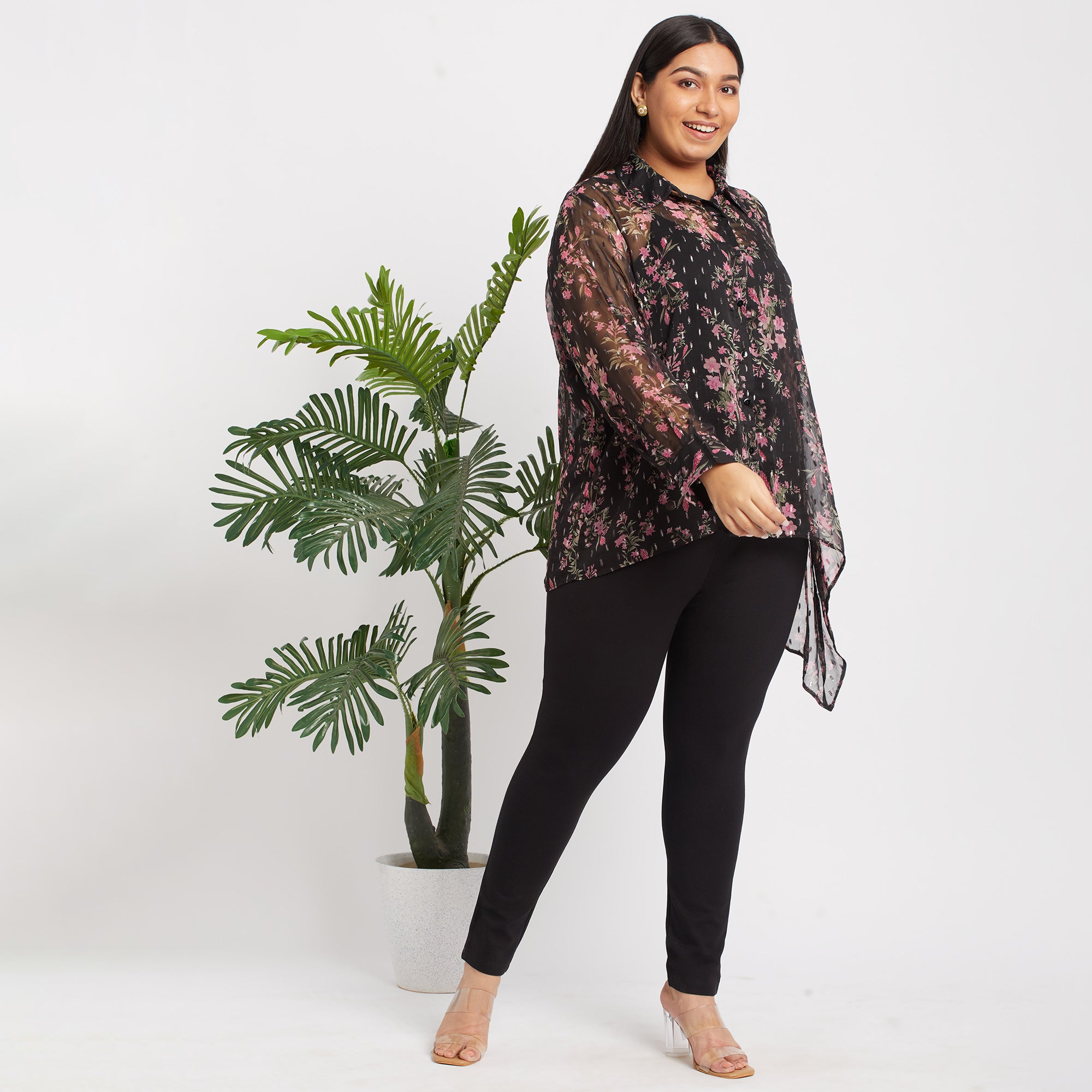 Chiffon Print Asymmetric Plus Size Shirt